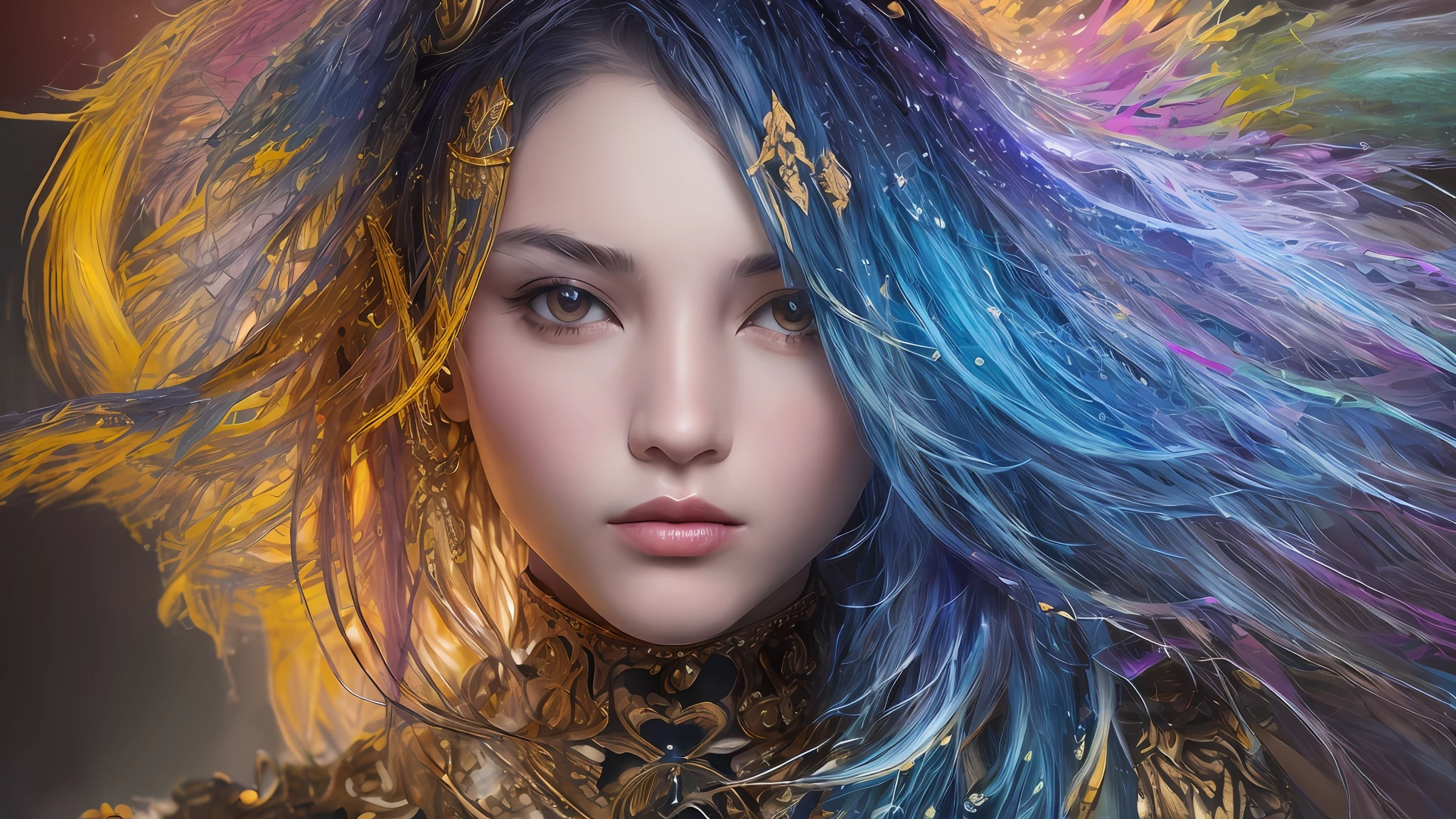 Colorful beautiful girl: a giru 8-years old, messy hair, oil painting, nice perfect face with soft skinice perfect face, blue yellow colors, light purple and violet additions, light red additions, intricate detail, splash screen, 8k resolution, masterpiece, cute face,artstation digital painting smooth veryBlack ink flow: 8k resolution photorealistic masterpiece: intricately detailed fluid gouache painting: by Jean Baptiste Mongue: calligraphy: acrylic: watercolor art, professional photography, natural lighting, volumetric lighting maximalist photoillustration: by marton bobzert:, complex, elegant, expansive, fantastical, wavy hair, vibrant
