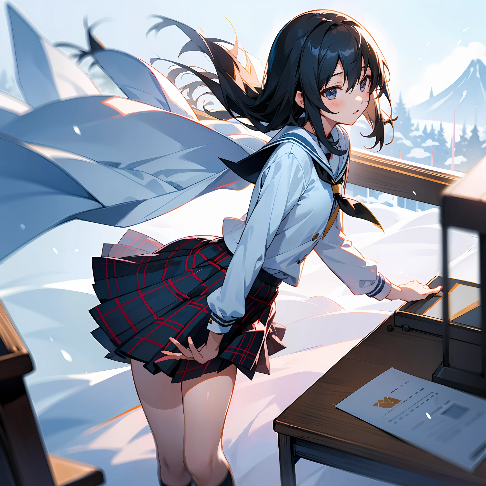 Yukino under the snow,Japan high school student,short skirt,plaid skirts,pleatedskirt,Over the knee white silk,Small chest,At the desk,rays of sunshine,The wind blows the hair --auto