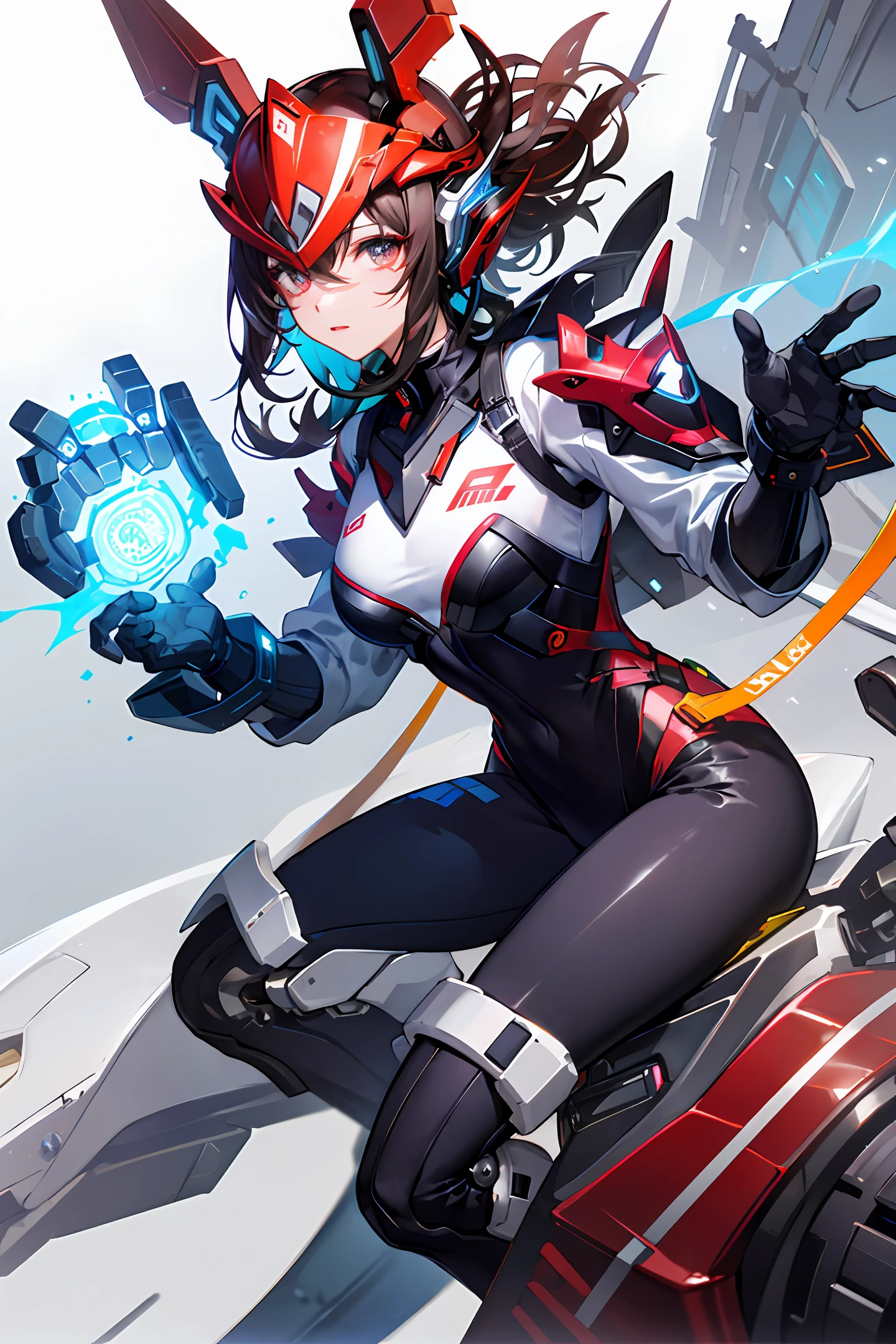 Highest image quality,Outstanding details,超高分辨率,(fidelity:1.4),The best illustration,Favor the details,Highly cohesive 1girl,He has a delicate and beautiful face,Dressed in crimson mechs,wearing a mech helmet,Hold the direction controller,Riding on a motorcycle,The background is a high-tech lighting scene in the future city。