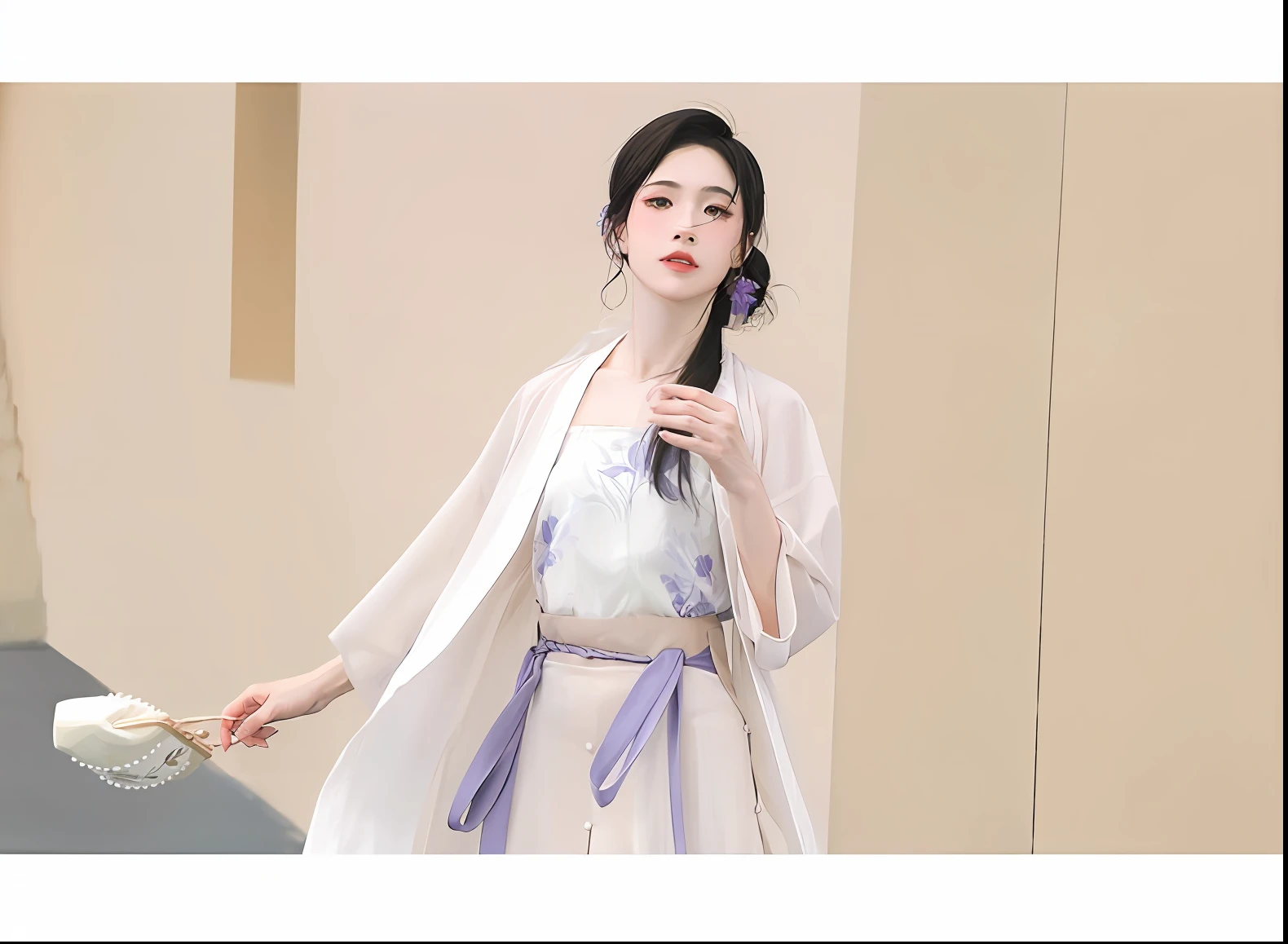 An arapi woman in a white dress and purple belt holds a purse, pale and coloured kimono, White Hanfu, Hanfu, komono, Middle Metaverse, with acient chinese clothes, long beautiful flowing kimono, komono, Japanese clothes, classy yukata clothing, in a kimono, Traditional Chinese clothing, classic kimono, sakimichan