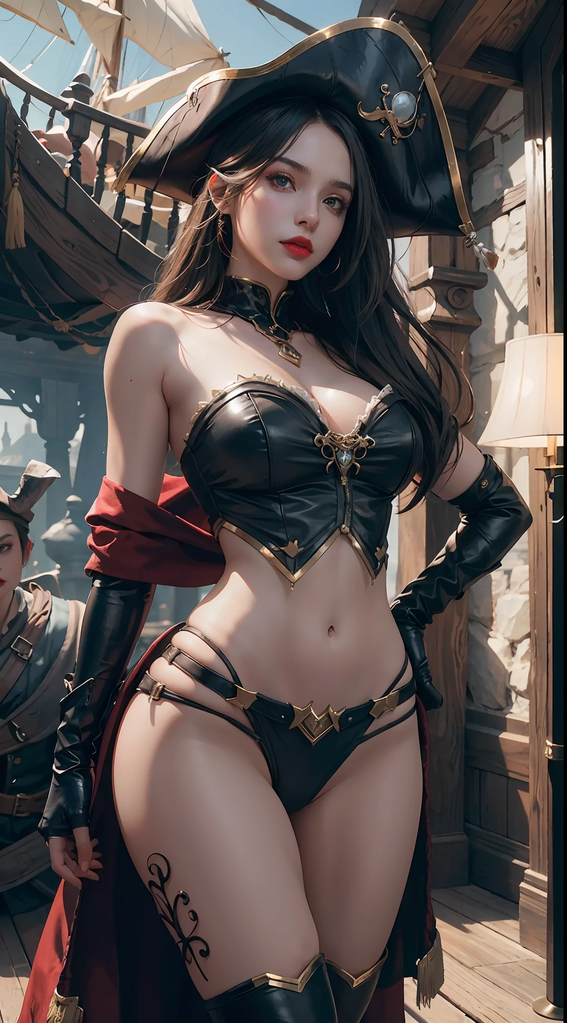 Original, very detailed wallpaper, very detailed illustrations, (1 Girl) , perfect female body, beautiful eyes, (delicate face) , (seductive expression) , eyes, impact, pirate hat, pirate costume1.5, pirate, pirate ship, red lips, from below1.2, wide hips, lap1.3, black gloves, (shiny skin) , (best lighting) , (super-complex detail) , 4K Unity, (super-detailed CG: 1.2) , (8K: 1.2), octane rendering Dynamic, floating, luminous, League of Legends original painting, wide-angle viewing angle: 2, pureerosface_v1