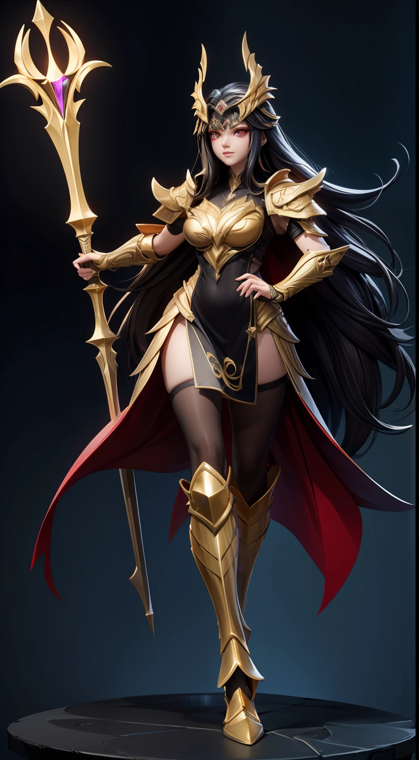 solo, super fine photo, full body photo picture Unreal Engine 5 8K UHD, beautiful girl, black and dark red long hair, dark gold armor with high details, goddess of war, wielding a golden spear with gold energy streams, fantasy theme, fantasy design, beautiful make up, best quality, masterpiece, unified 8k wallpaper, super detailed, sharp focus.