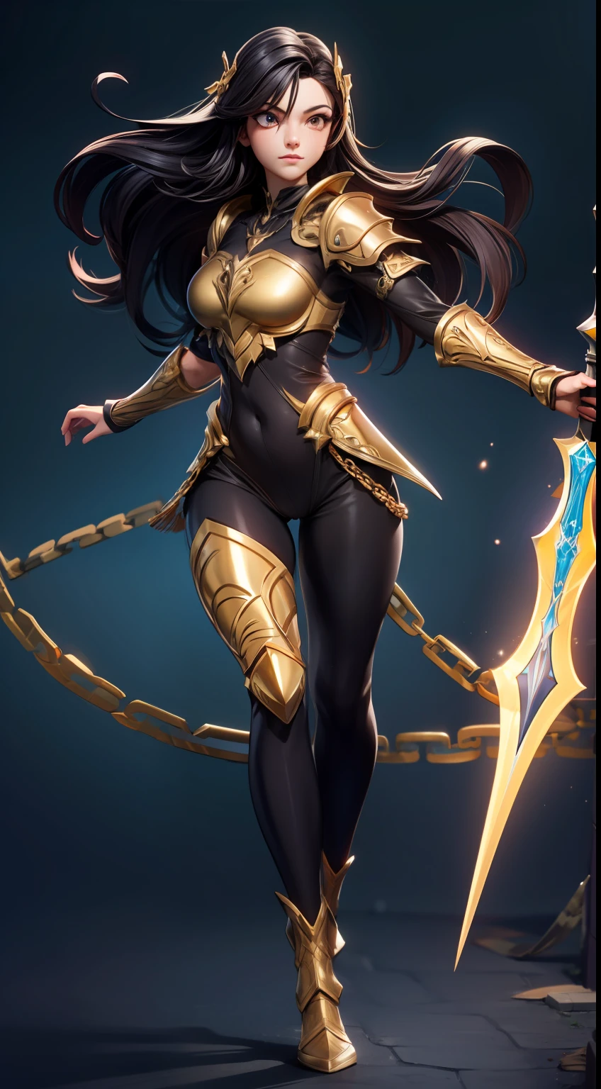 solo, super fine photo, full body photo picture Unreal Engine 5 8K UHD, beautiful girl, black and dark red long hair, dark gold armor with high details, chainmail bodysuit underwear, goddess of war, wielding a golden spear with gold energy streams, fantasy theme, fantasy design, beautiful make up, best quality, masterpiece, unified 8k wallpaper, super detailed, sharp focus.