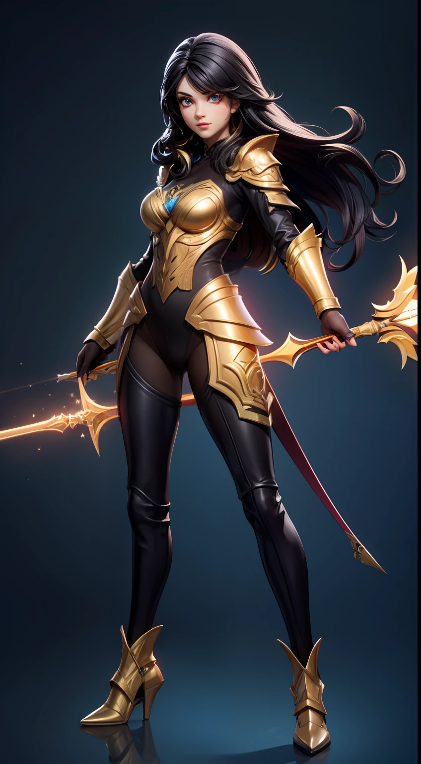 solo, super fine photo, full body photo picture Unreal Engine 5 8K UHD, beautiful girl, black and dark red long hair, dark gold armor with high details, chainmail bodysuit underwear, goddess of war, wielding a golden spear with gold energy streams, fantasy theme, fantasy design, beautiful make up, best quality, masterpiece, unified 8k wallpaper, super detailed, sharp focus.