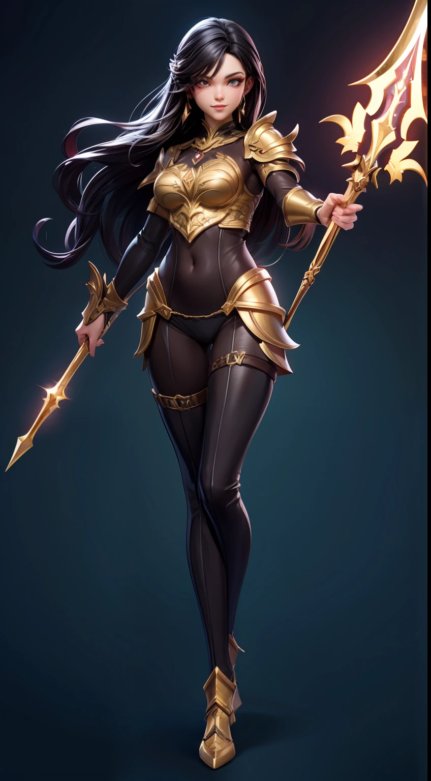 solo, super fine photo, full body photo picture Unreal Engine 5 8K UHD, beautiful girl, black and dark red long hair, dark gold armor with high details, chainmail bodysuit underwear, goddess of war, wielding a golden spear with gold energy streams, fantasy theme, fantasy design, beautiful make up, best quality, masterpiece, unified 8k wallpaper, super detailed, sharp focus.