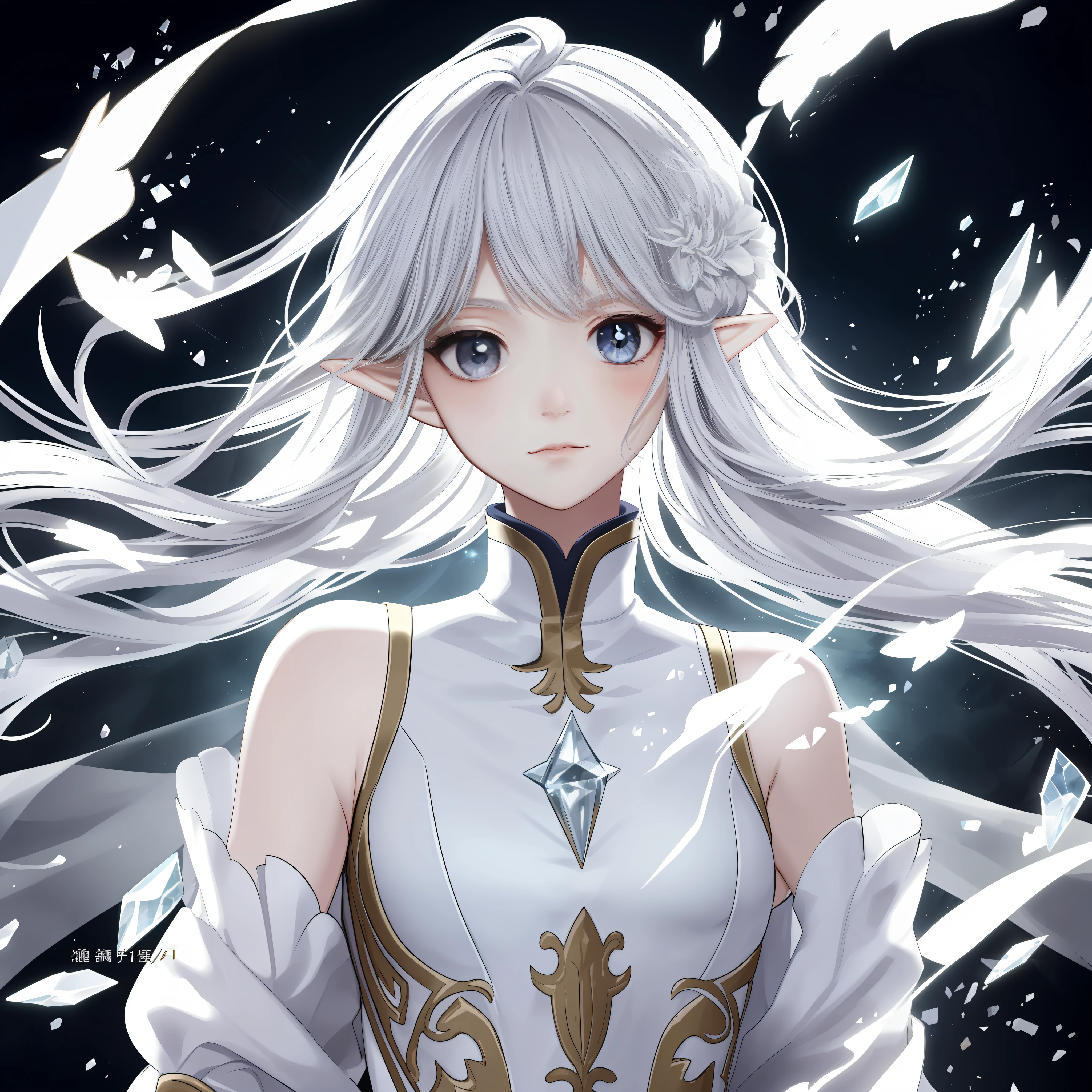 (Masterpiece, Top Quality, Best, Official Art, Beautiful and Aesthetic, Long Exposure: 1.2), Smooth Movement, Charming Patterns, 1 Girl, (Long Dress with Sleeves: 1.3), (((White Clothes) )), upper body close-up, bare shoulders, Chinese girl, blush, black lob hair, portrait, solo, upper body, looking at the observer, detailed background, detailed face, (crystallineAI, crystalline theme:1.1), elemental wind elves, rotation Wind, control the wind, white crystal clothing, dynamic pose, floating particles, ethereal dynamics, whirlwind, vapor, whirlwind in the background, white tone, whirlwind, ethereal atmosphere,