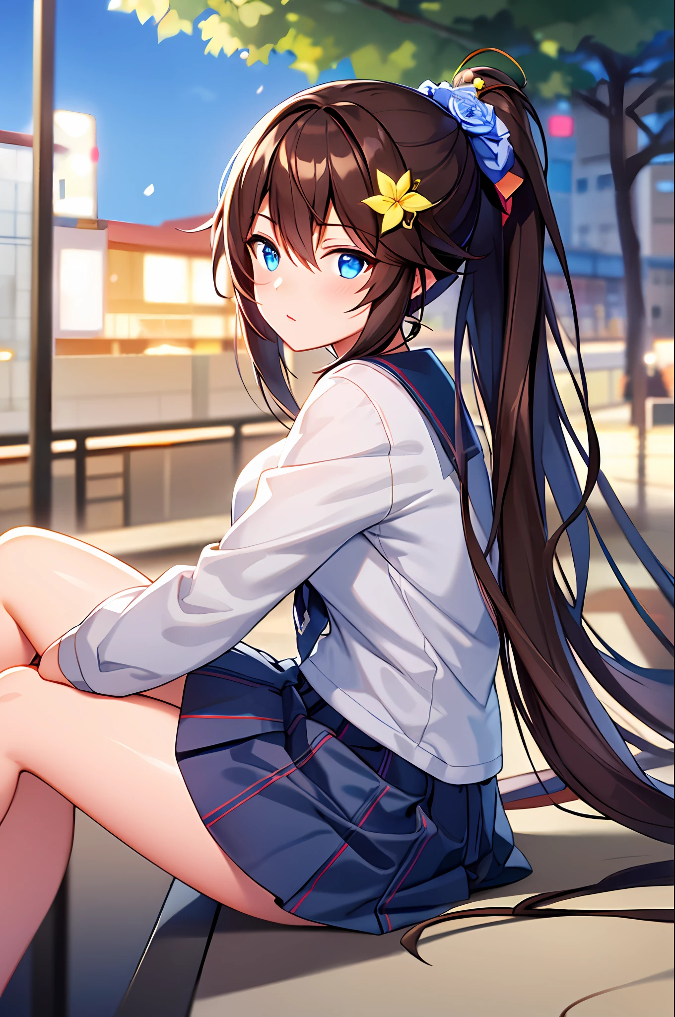 masterpiece, best quality, ultra-detailed, illustration, warm lighting, bright colors, 1girl,solo, long hair, very long hair, chifuyu,

brown hair, blue eyes, pony tail, hair ornament, hair_flower, 

school uniform, sitting, outdoors, t-shirt, casual wear,