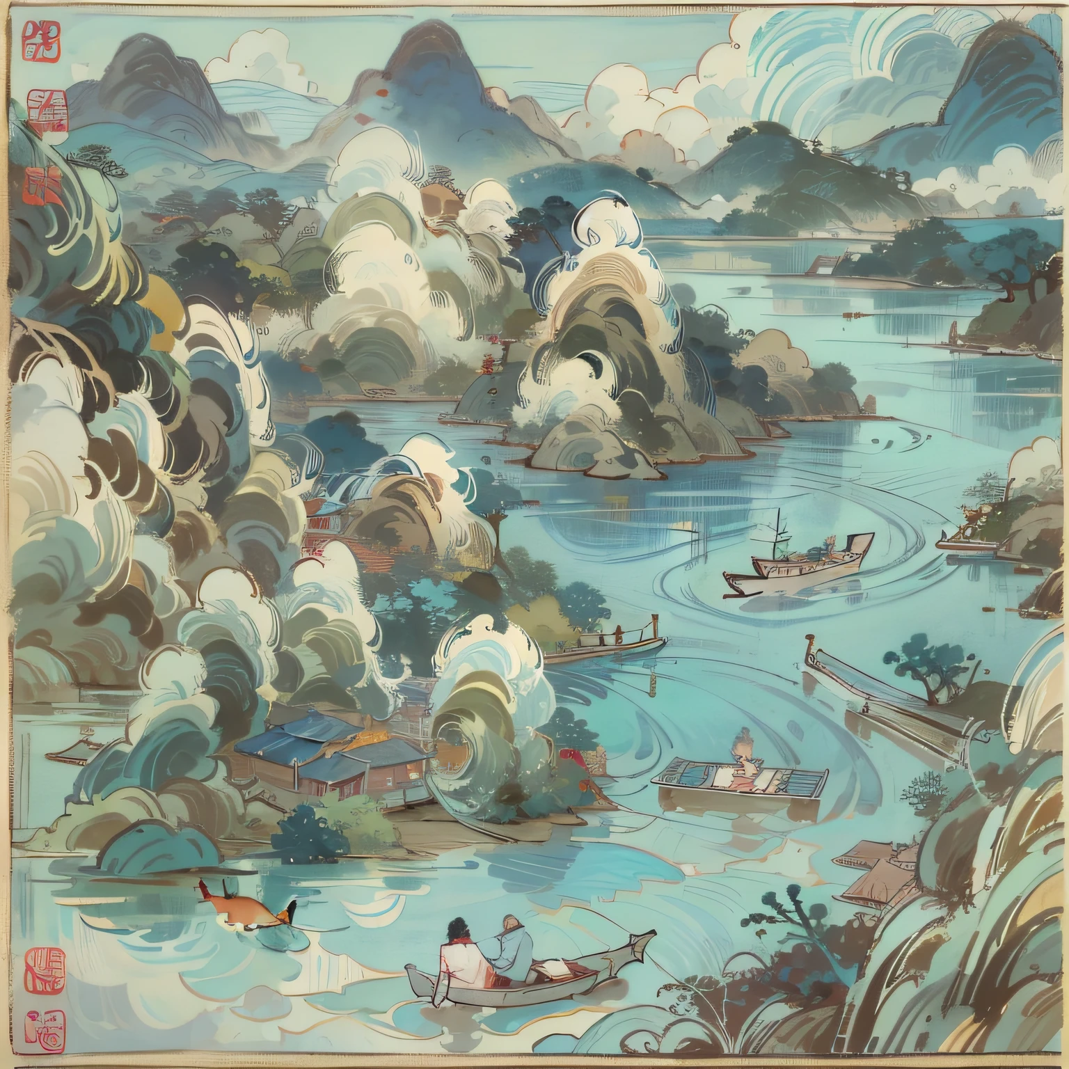 16k，high detal，Chinese classicist style，Boating on Lake Bi，Stir up slow ripples，One person sits in the stern，Hood，Feet touching the surface of the water，There was a small stove smoking around him，White clouds in the sky，Mountains in the distance，Thousands of miles of blue water，Birds soar，Fish frolicking in the water，Clear water，View from the hill，Beautiful picture。