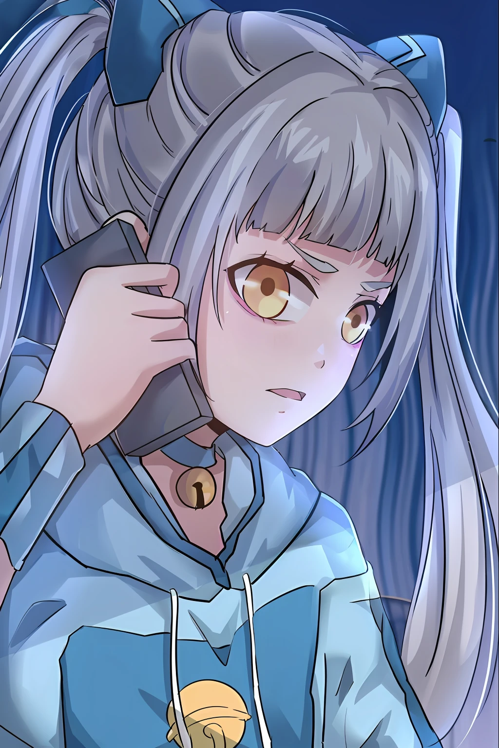 Anime girl talking on phone with long hair and blue hoodie, shikamimi, anime moe art style, cel shaded anime, gapmoe yandere, drawn in anime painter studio, made with anime painter studio, Silver hair (pony tails), in an anime style, hyuga hyuga, Marin Kitagawa fanart, Digital anime illustration, flat anime style shading