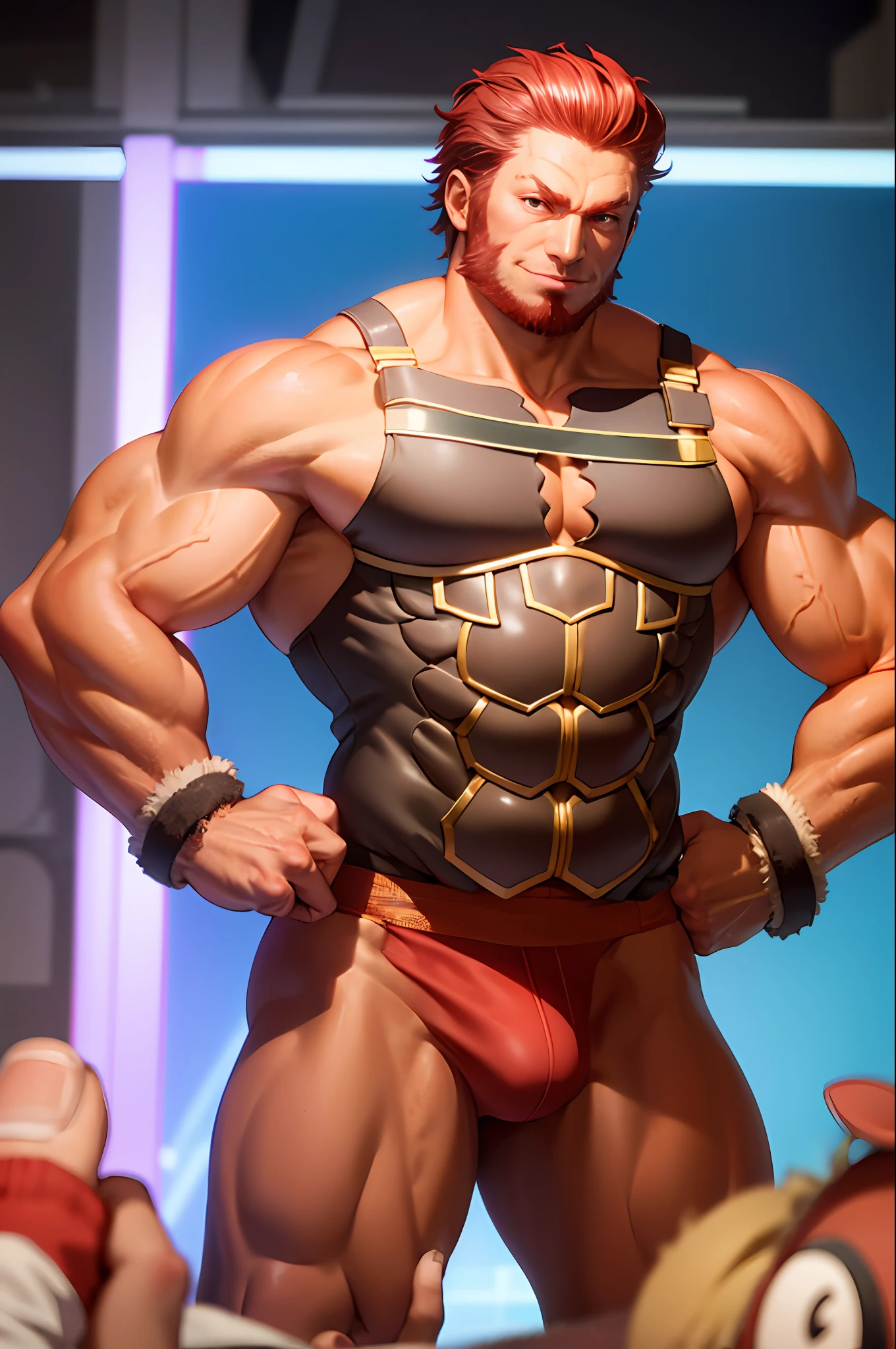 （tmasterpiece，best qualtiy：1.2），独奏，malefocus，1boy，Iskandar，Mature male，big muscular male，Large muscles，looking at viewert，both hands on hip，Red panties，Thick thighs，