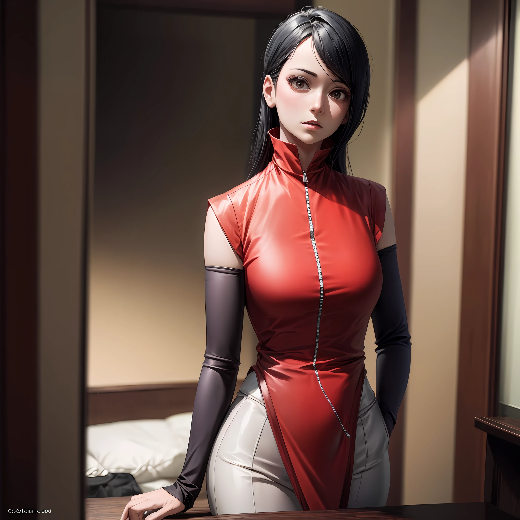 Uchiha Sarada, com detalhes ultra-realistas, corpo inteiro, vestindo roupas vermelhas vibrantes, cabelos negros deslumbrantes, Sharingan