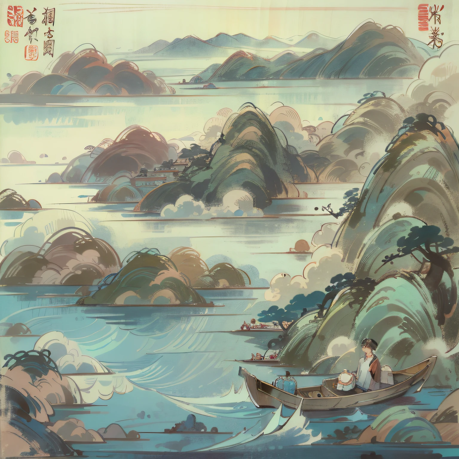 16k,high detal,Chinese classicist style,Boating on Lake Bi,Stir up slow ripples,One person sits in the stern,Hood,Feet touching the surface of the water,There was a small stove smoking around him,White clouds in the sky,Mountains in the distance,Thousands of miles of blue water,Birds soar,Fish frolicking in the water,Clear water,View from the hill,Beautiful picture。