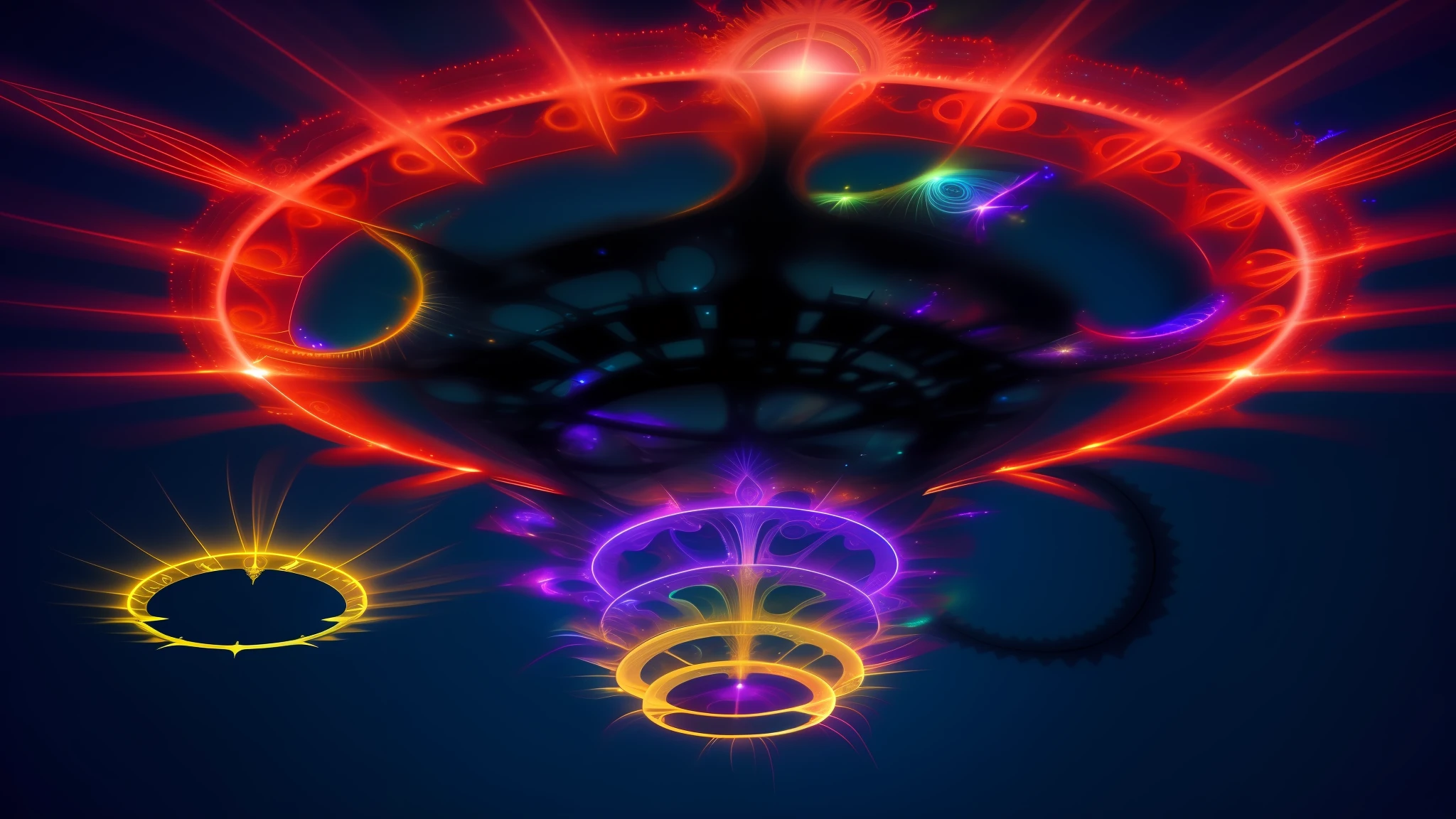 A close-up of a clock，There are a lot of lights on it, fractal burning halo, Glow fractal, fractal flame. highly_A detailed, Psychedelic fractals, spiritual abstract forms, Fractal lighting, sacred fractal structures, Psychedelic light show, fractal flame, The glowing light is intricate, Psychedelic fractals, Psychedelic visuals, xparticles --auto