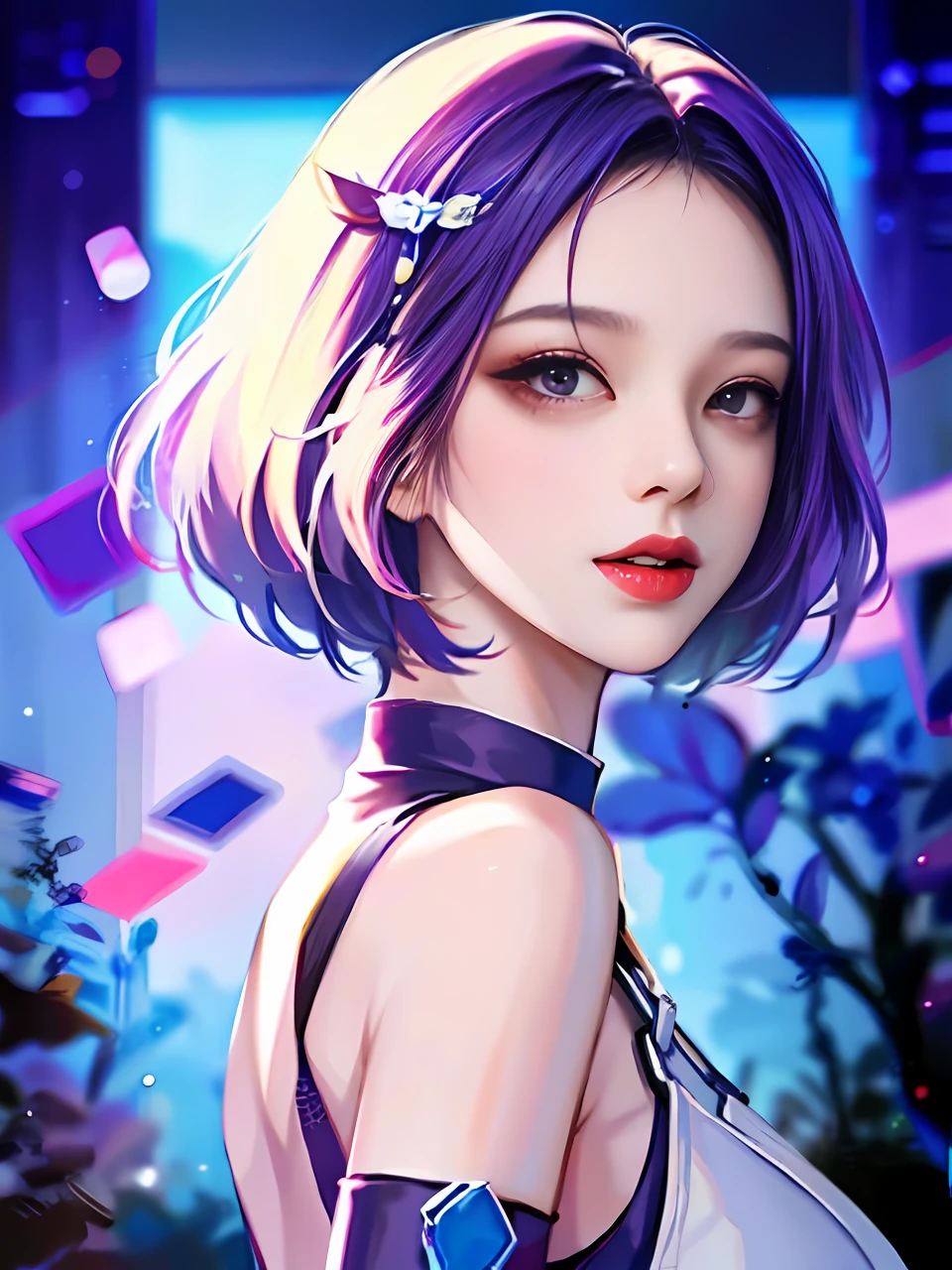 Soft short hair,AI digital human,The skin is real,short detailed hair,Blue-purple,Realisticstyle,The mouth is slightly open ,Korean girl portrait --auto