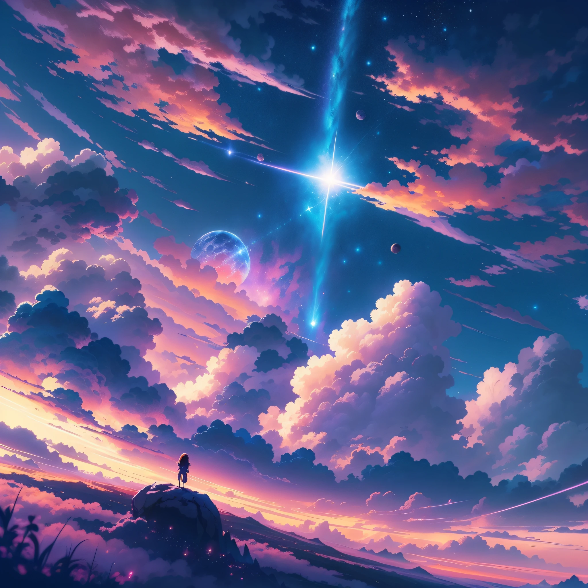 anime - style scene of a beautiful sky with a star and a planet, cosmic skies. by makoto shinkai, anime art wallpaper 4k, anime art wallpaper 4 k, anime art wallpaper 8 k, anime wallpaper 4k, anime wallpaper 4 k, 4k anime wallpaper, anime sky, amazing wallpaper, anime background, heaven planet in background, anime background art