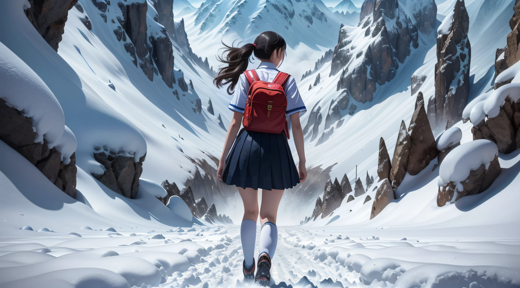 (masterpiece), (best quality), (ultra-detailed), (Amazing:1.1), 12mm f2.8 lens, day time, ((((full body), back shot, climbing))), ((((A high school girl with a full body back shot in the deep snow mountain)))), (((((without looking at me))))), ((A beautiful high school girl lost in a surreal world of dreamlike landscapes)), (17 yr old), (((deep snow mountain))), A high school girl who goes on a road without a road, wind flow, flowers bloom, (((wearing simple school uniform))), black hair, 8 life size, detailed hairstyles, detailed bodyline, (((fantasy))), frontier, surrealism, (magnificent space), concept art, raw, wallpaper, poster, sharp focus, hyperrealism, crystalline, perfectionism, 4k UHD,