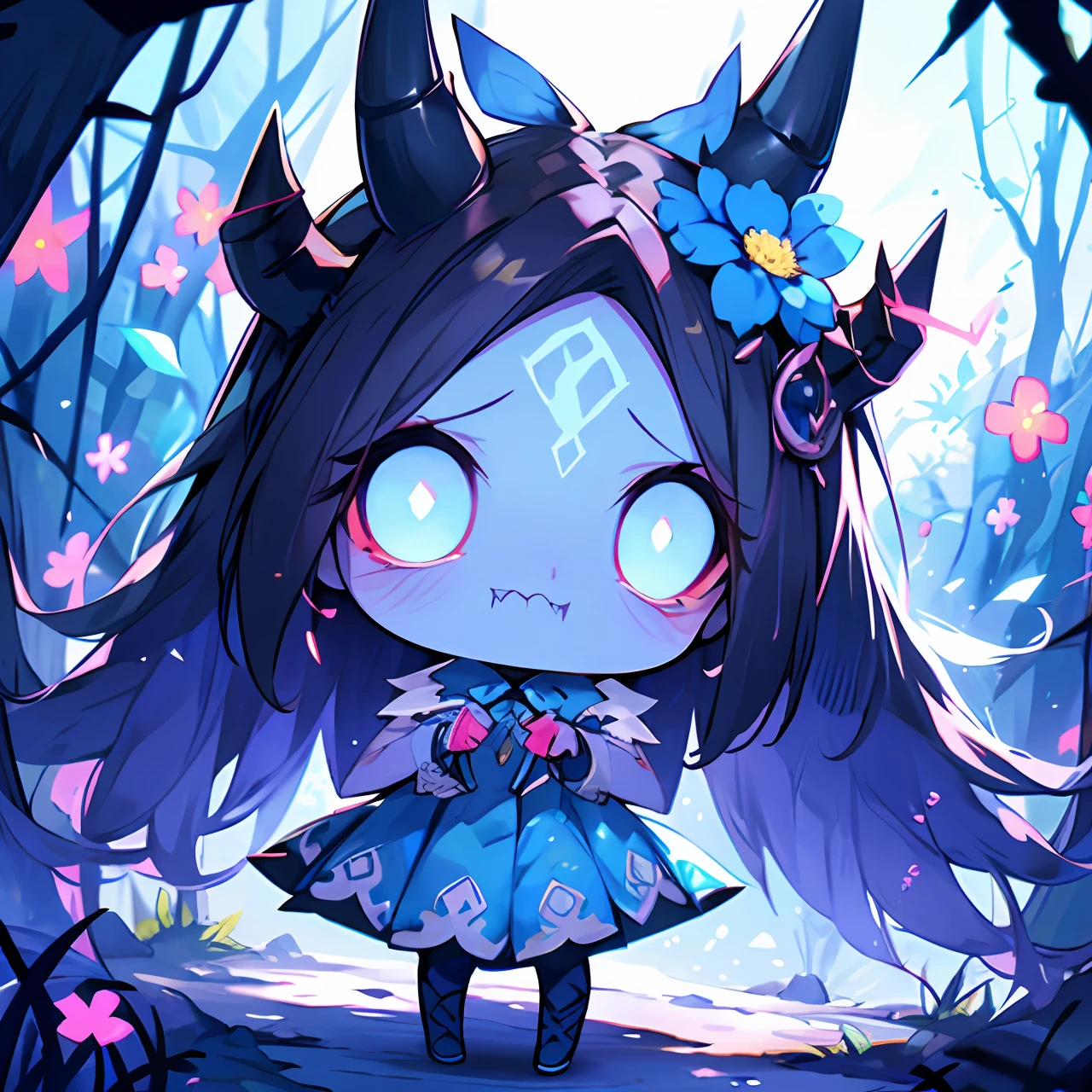 Cute tiny demon girl, (blue skin), in cute summer dress with flowers pattern, flower in her hairs, red claws on her fingers, sharp teeth, (skin partially covered with blue scales), looking to viewer from ground, in beautiful park, close-up, fantasy atmosphere, 4k