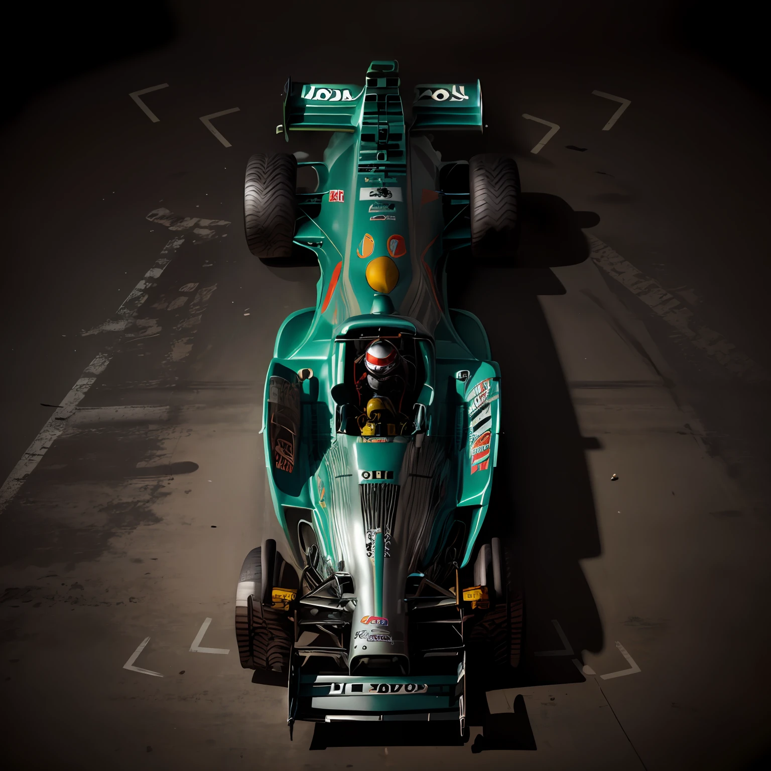 top views，Close-up of toy racing car parked at the booth, Spotlights shine on the car，racer, formula one car, racer, f 1/4, f 1/3, F11:6, pod racer, Supergianthugebreasts, f 1, intricate detailed racing car, 1/400 shutter speed, speedster, The lens is from top to bottom,