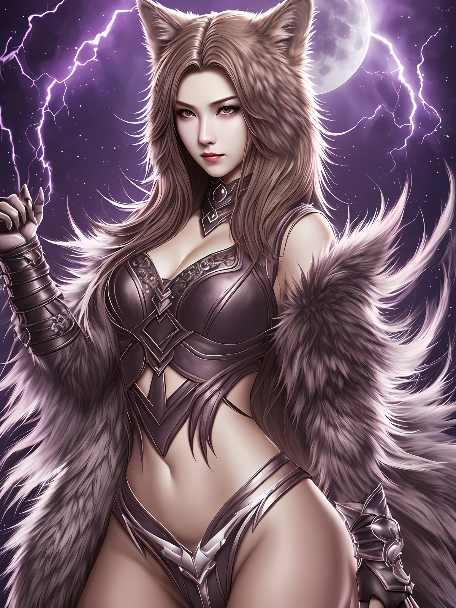 female body wolf, wolf muzzle, all skin cover by Brownish Purple fur, long silver claws, threatening pose --auto --s2