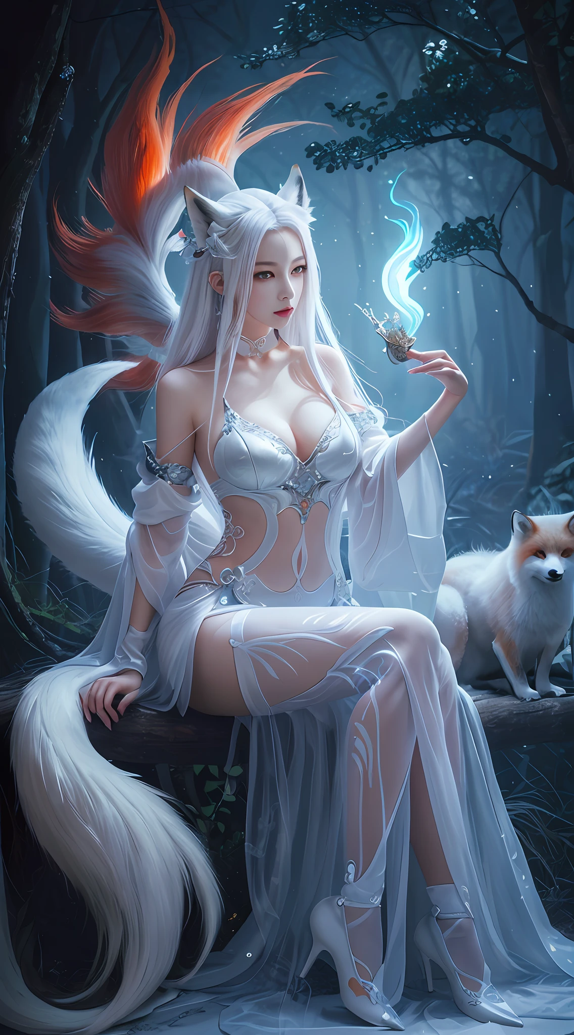 tmasterpiece,beautifuldetails,Extremely colorful,Exquisite details,Delicate lips,The details are complex,Realiy,Ultra photo realsisim,A girl and a white-haired fox sit on a branch:1.1,Large breasts,Raised sexy,seductiv,ethereal fox,nine tail fox,Fox three-tailed fox,Onmyoji detailed art,Nine tails,A beautiful artwork illustration,mythological creatures,red fox,Beautiful digital artwork,Exquisite digital illustration,mizutsune , Inspired by the mythical creature wildnet,Digital art on Pixiv,strong lights,hight contrast,Horror movie theme,Dark atmosphere,The art of fine painting,Perfect visual composition。