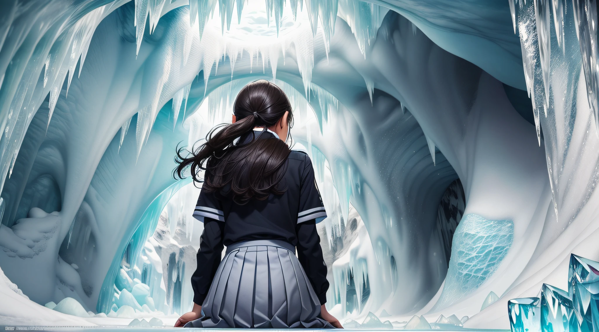 (masterpiece), (best quality), (ultra-detailed), (Amazing:1.1), 12mm f2.8 lens, day time, ((((full body), back shot, sitting))), ((((A high school girl with a full body back shot in the beautiful ice cave)))), (((((without looking at me))))), ((A beautiful high school girl lost in a surreal world of dreamlike landscapes)), (17 yr old), (((beautiful ice cave))), A high school girl who goes on a road without a road, wind flow, flowers bloom, (((wearing simple school uniform))), black hair, 8 life size, detailed hairstyles, detailed bodyline, (((fantasy))), frontier, surrealism, (magnificent space), concept art, raw, wallpaper, poster, sharp focus, hyperrealism, crystalline, perfectionism, 4k UHD,