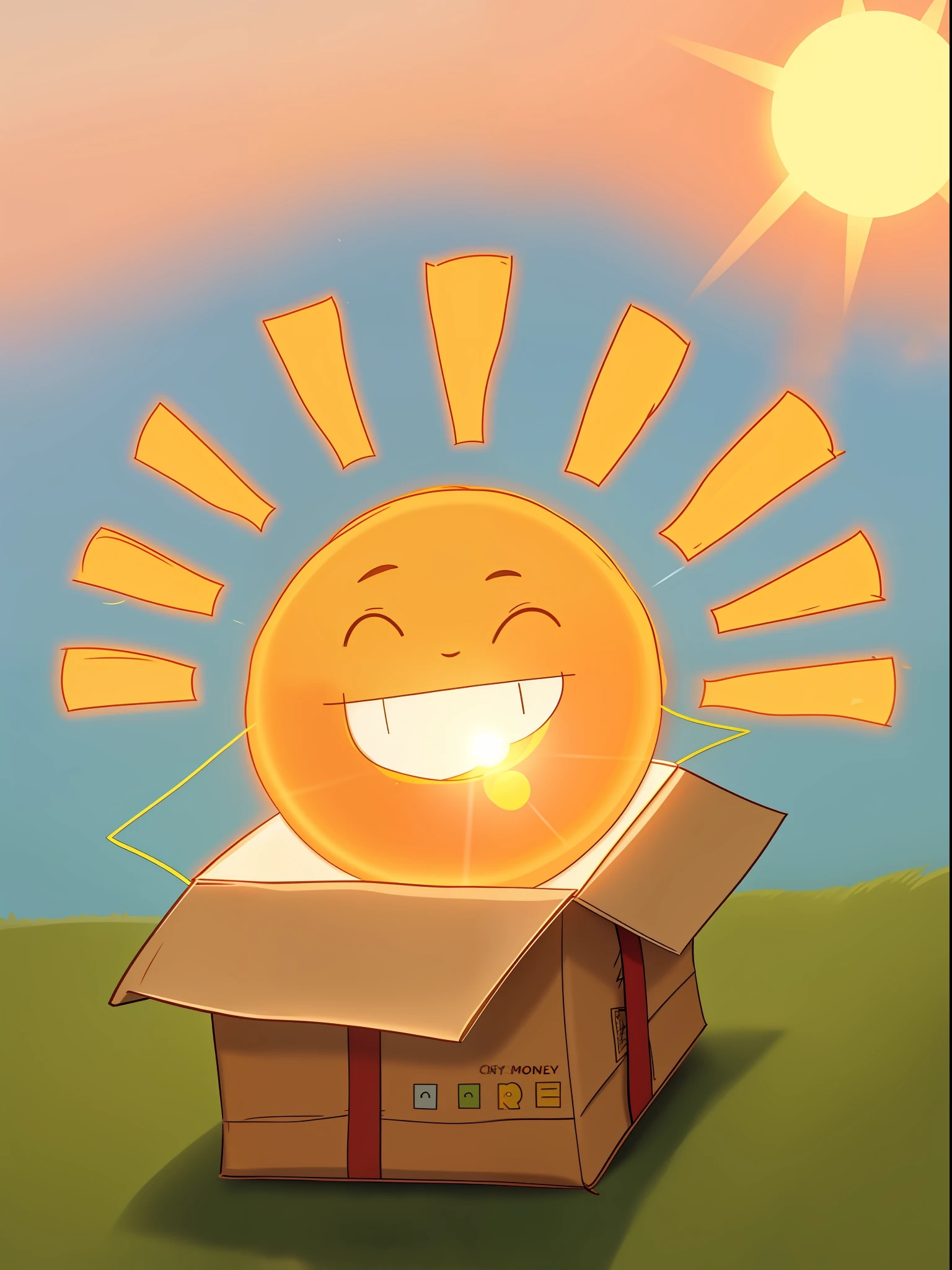 The courier box contains a sun，The sun is smiling，The sun smiled，Squint，The background is a grassy garden