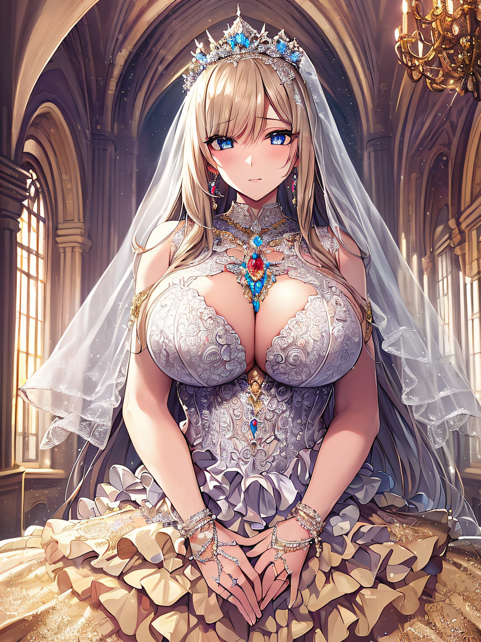 ((anime artstyle)),(Masterpiece),(Best Quality), (Super Detail),((Very Delicate and Beautiful)),Focus on character,Dynamic Angle,Looking at viewer,((Solo)),standing,((full body)),((one princess in gorgeousfull BlingBling wedding dress with voluminous skirt)),((June bride)),detailed face and eyes,jewel-like eyes,((Very Long voluminous Hair)),gorgeous embroidery and lace,((gorgeous corsage)),See-through,(Gorgeous jewelry ornaments),luxury hair ornament,BlingBling luxury tiara with jewels,ornate ruffles,((gigantic breasts,Long breasts)),indoor,church wedding,((full body)),hoop skirt,crinoline,very long gorgeousfull wedding veil,(((jeweled gorgeous embroidery BlingBling wedding dress)))