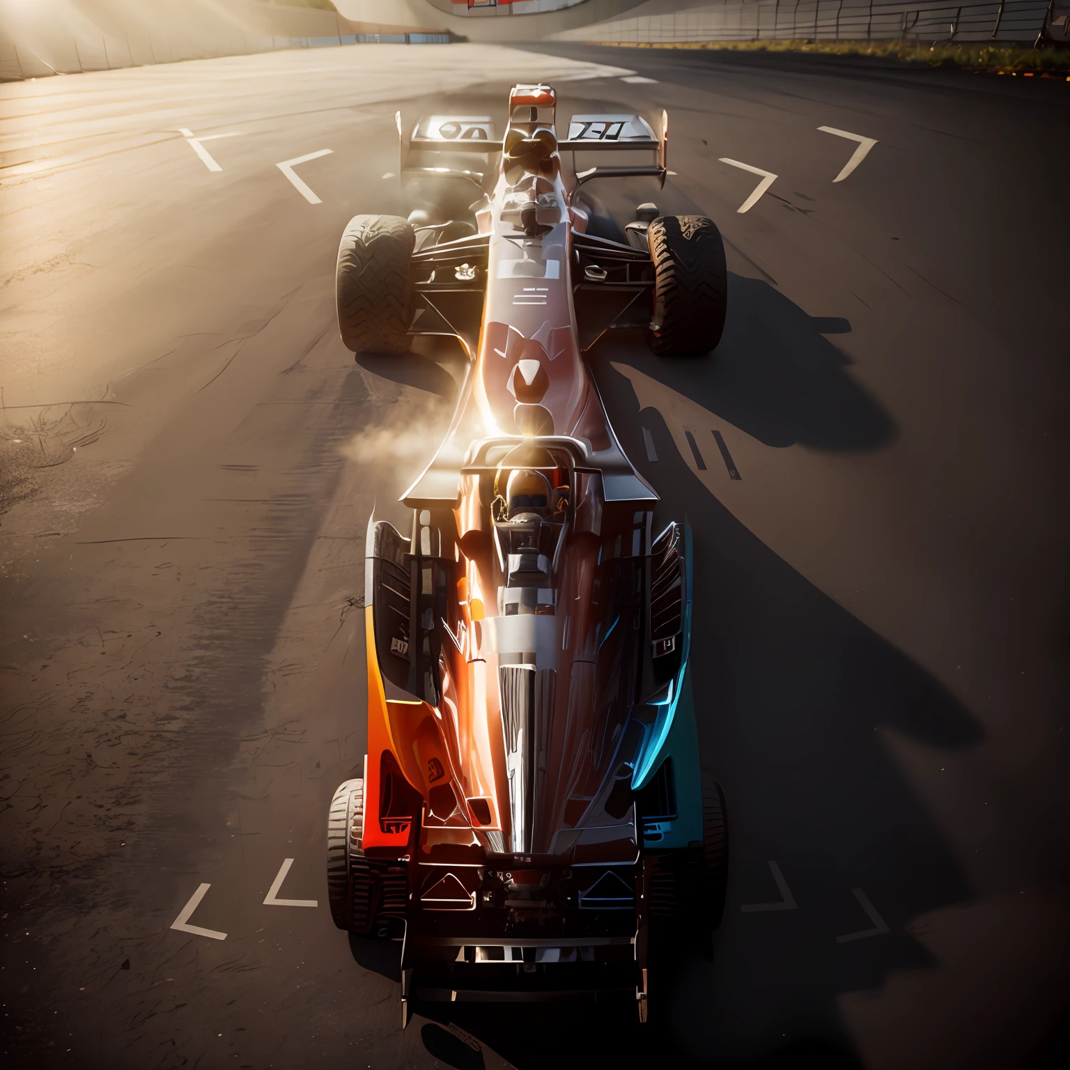 top views,The lens is at eye level from top to bottom,The road is flat,Close-up of a toy racing car on the track, The setting sun shines on the car,racer, formula one car, racer, f 1/4, f 1/3, F11:6, f 1, intricate detailed racing car, photorealestic