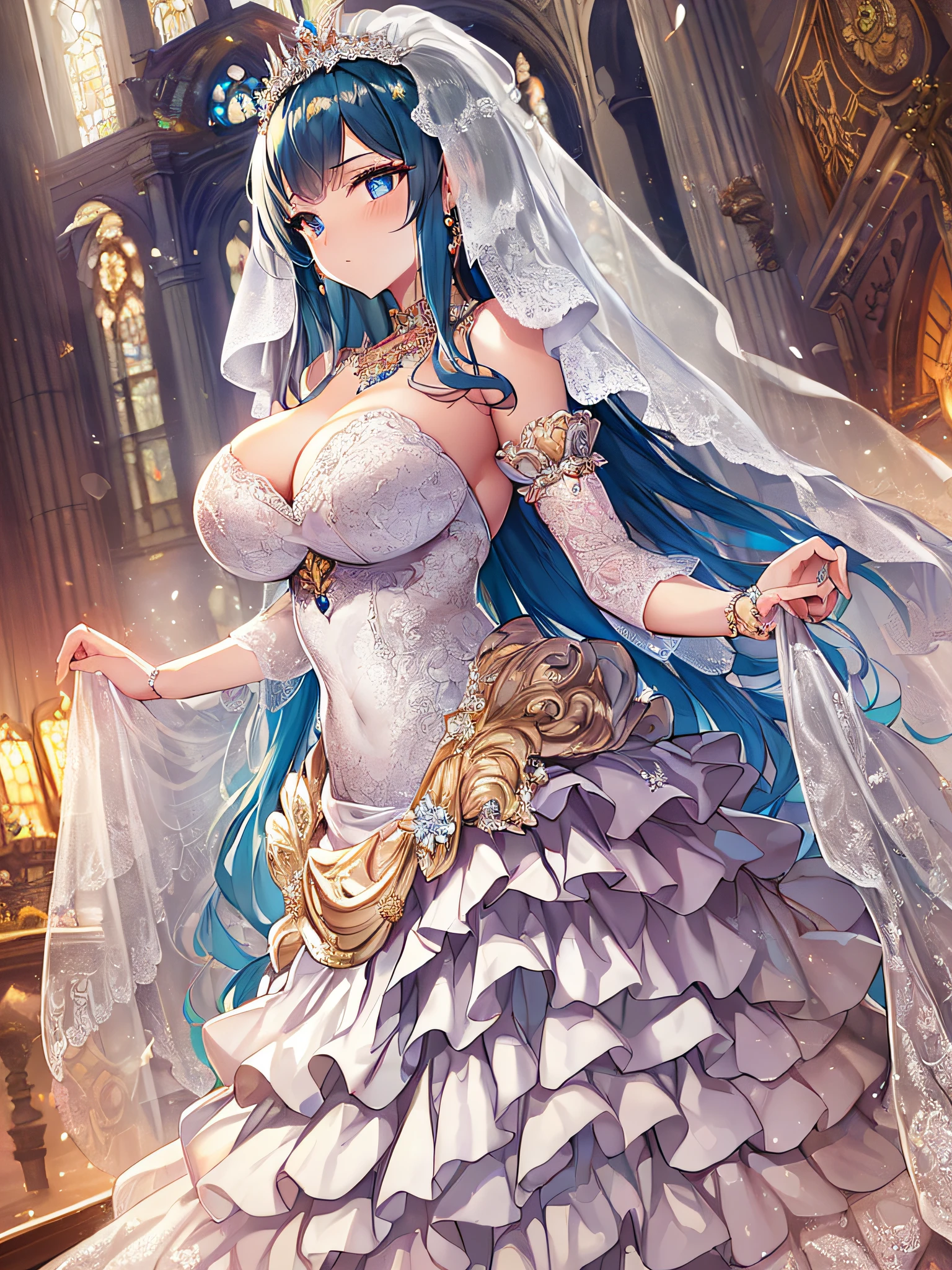 ((anime artstyle)),(Masterpiece),(Best Quality), (Super Detail),((Very Delicate and Beautiful)),Focus on character,Dynamic Angle,Looking at viewer,((Solo)),standing,((full body)),((one princess in gorgeousfull BlingBling wedding dress with voluminous skirt)),((June bride)),detailed face and eyes,jewel-like eyes,((Very Long voluminous Hair)),gorgeous embroidery and lace,((gorgeous corsage)),See-through,(Gorgeous jewelry ornaments),luxury hair ornament,BlingBling luxury tiara with jewels,ornate ruffles,((gigantic breasts,Long breasts)),indoor,church wedding,((full body)),hoop skirt,crinoline,very long gorgeousfull wedding veil,(((jeweled gorgeous embroidery BlingBling wedding dress)))