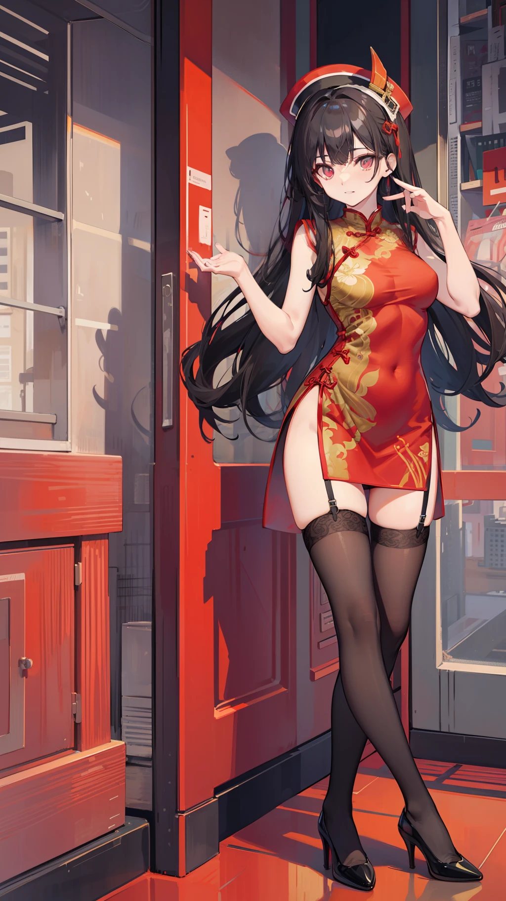 Great blue waves,red color eyes,Red slim cheongsam,black lence stockings,Black heels,S-shaped standing position