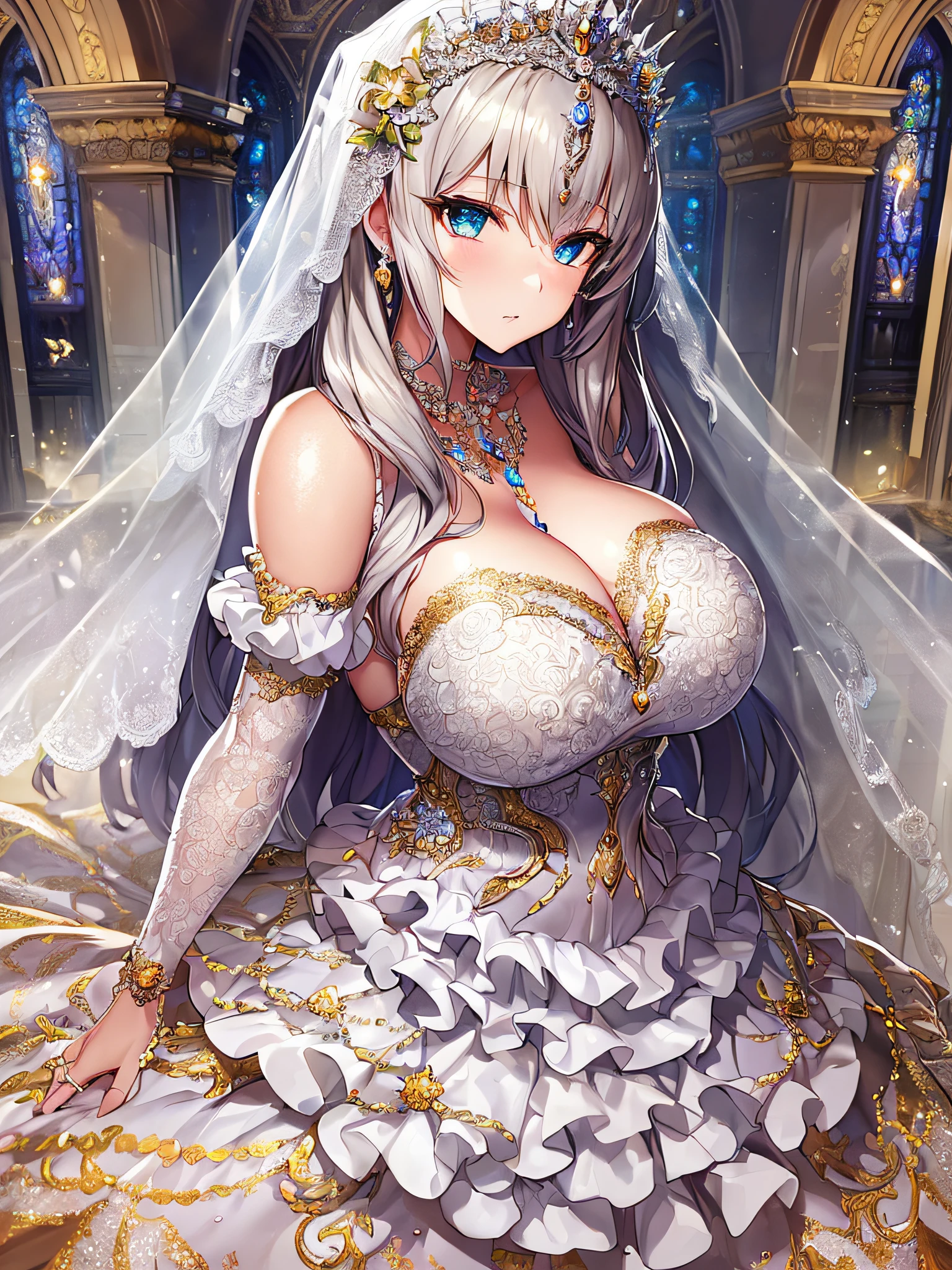 ((anime artstyle)),(Masterpiece),(Best Quality), (Super Detail),((Very Delicate and Beautiful)),Focus on character,Dynamic Angle,Looking at viewer,((Solo)),standing,((full body)),((one princess in gorgeousfull BlingBling wedding dress with voluminous skirt)),((June bride)),detailed face and eyes,jewel-like eyes,((Very Long voluminous Hair)),gorgeous embroidery and lace,((gorgeous corsage)),See-through,(Gorgeous jewelry ornaments),luxury hair ornament,BlingBling luxury tiara with jewels,ornate ruffles,((gigantic breasts,Long breasts)),indoor,church wedding,((full body)),hoop skirt,crinoline,very long gorgeousfull wedding veil,(((jeweled gorgeous embroidery BlingBling wedding dress)))
