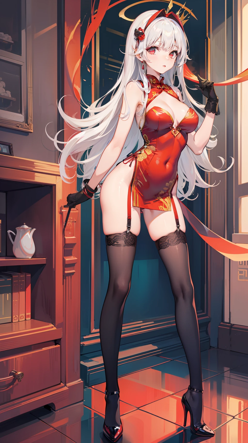 Great blue waves,red color eyes,Red slim cheongsam,black lence stockings,Black heels,S-shaped standing position