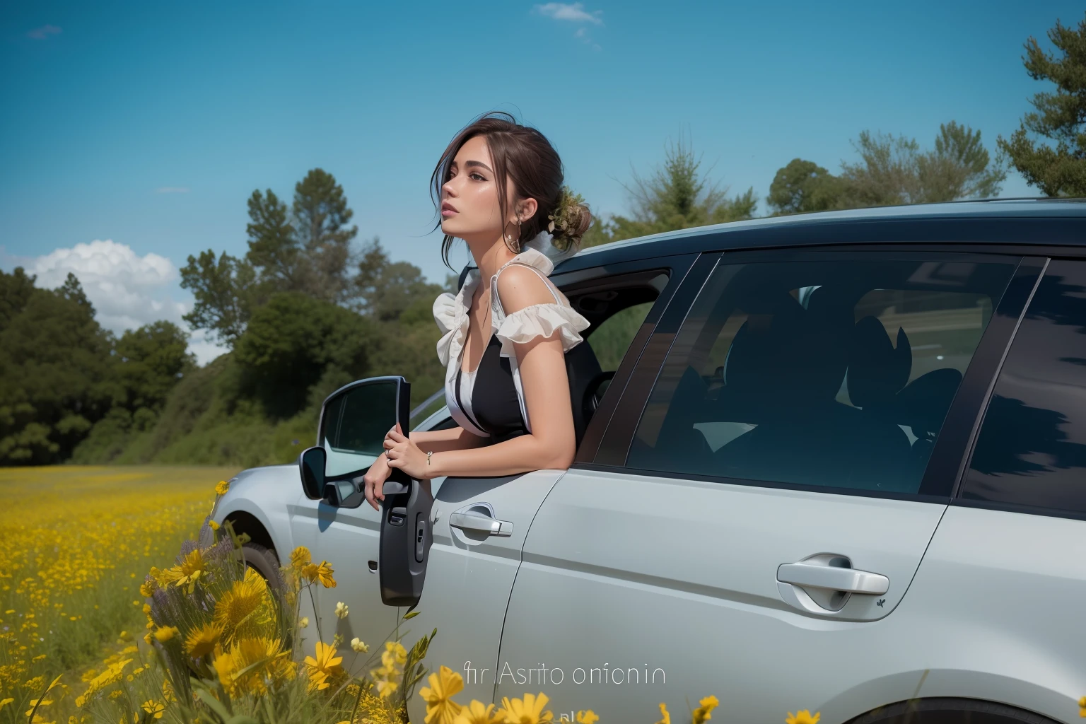 The Aalfid woman poked her head out of the car window in a flower field, auto photography, automotive photography, shot on a Canon EOS R5, shot on canon eos r 5, model photography, shot with canon eoa 6 d mark ii, vogue photography, casual photography, vehicle photography, taken with canon 5d mk4, shot with canon 5 d mark ii --auto
