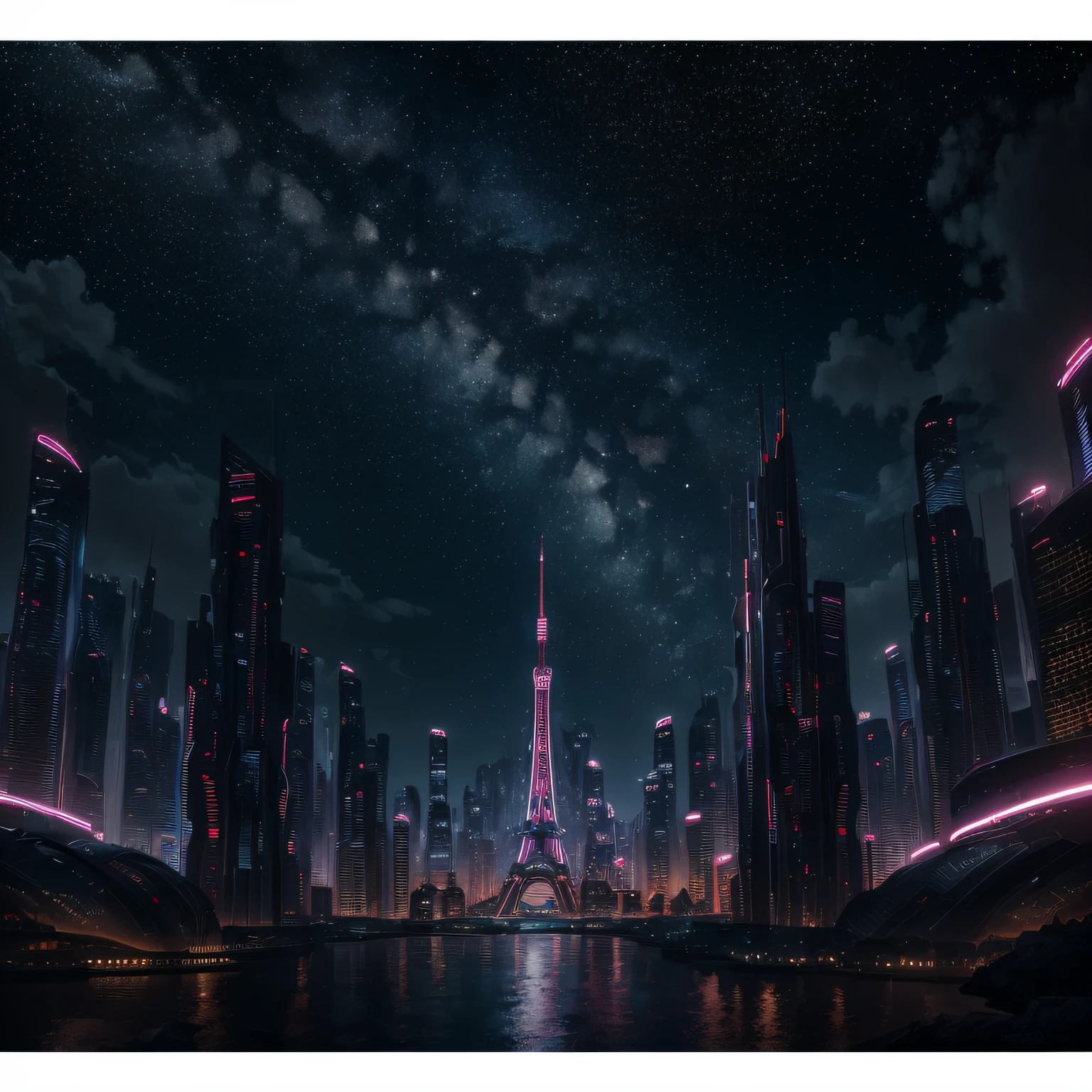 (((8k, RAW Photo, Best Quality, Masterpiece: 1.4))), Ultra High Resolution, Ultra Detailed, Illustration, Close Up, Environment Only, Futuristic City, Technological, Night, Starry Sky, Future, Imagination, Outdoors --auto