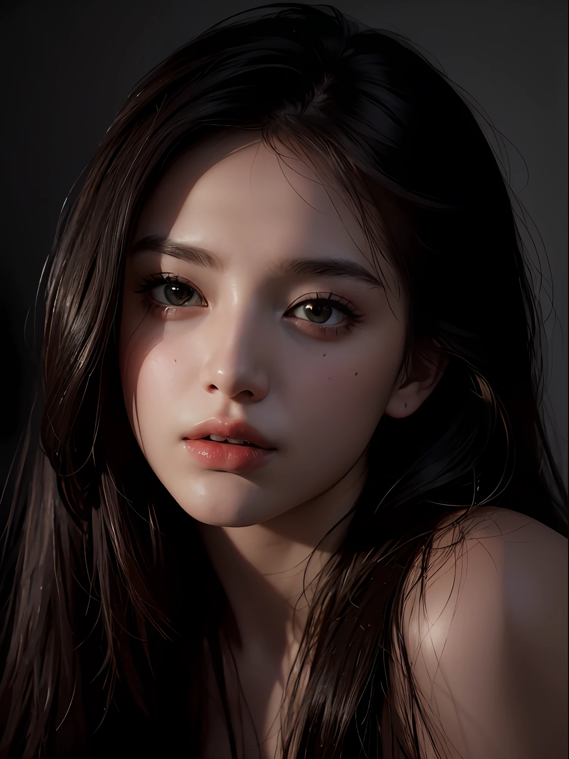 Best quality, masterpiece, ultra high res, (photorealistic:1.4), raw photo, 1girl, offshoulder, in the dark, deep shadow, low key, cold light