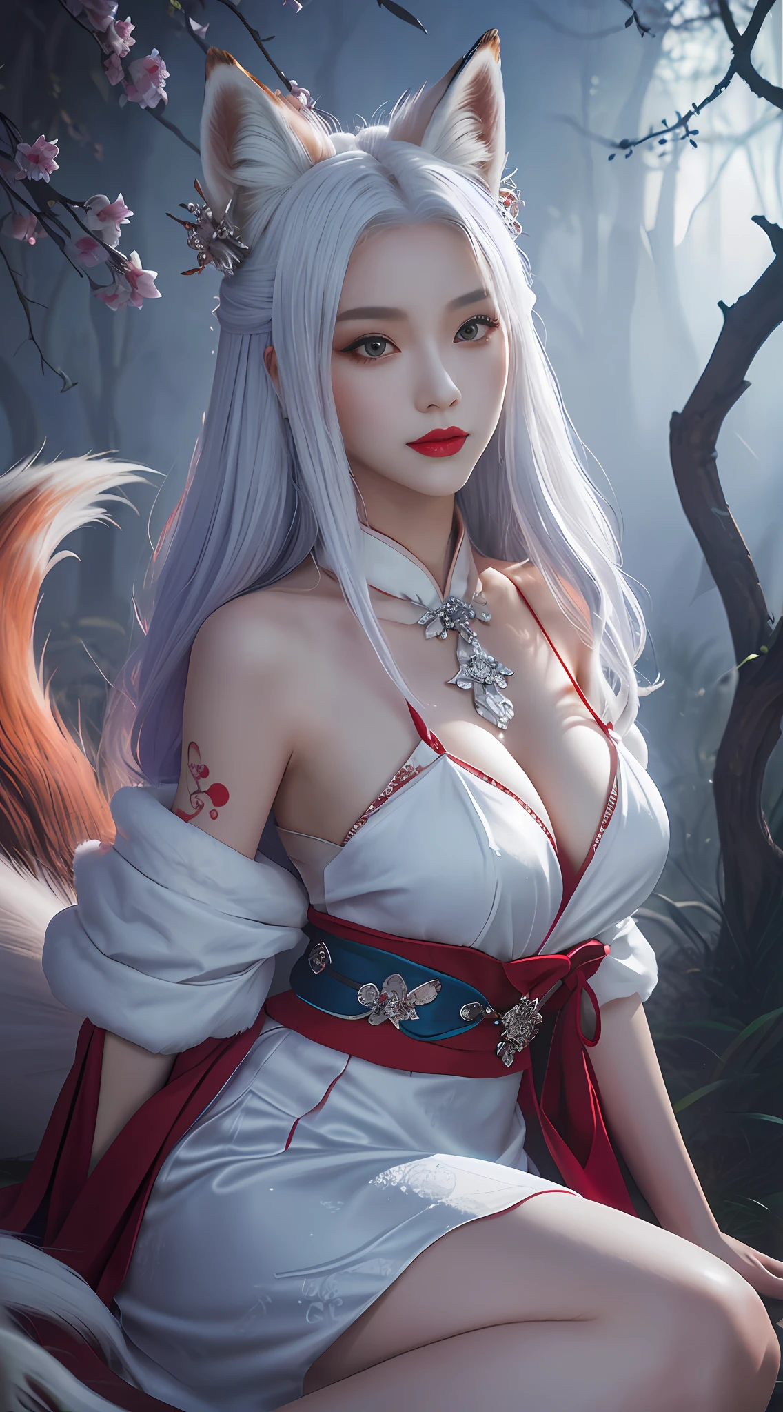 tmasterpiece,beautifuldetails,Extremely colorful,Exquisite details,s delicate face,eyes with brightness,Sexy red lips,Glowing skin,The details are complex,Realiy,Ultra photo realsisim,A girl and a white-haired fox sit on a branch:1.1,Large breasts,Raised sexy,seductiv,ethereal fox,nine tail fox,Fox three-tailed fox,Onmyoji detailed art,Nine tails,A beautiful artwork illustration,mythological creatures,red fox,Beautiful digital artwork,Exquisite digital illustration,mizutsune , Inspired by the mythical creature wildnet,Digital art on Pixiv,strong lights,hight contrast,Horror movie theme,Dark atmosphere,The art of fine arts,Perfect visual composition。