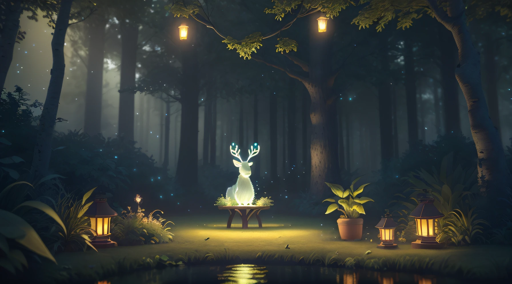 Masterpiece, best quality, (very detailed CG unity 8k wallpaper), (best quality), (best illustration), (best shadows), glow sprite, with a glowing deer, in the swimming pool Drinking water, natural elements in the forest theme. Mysterious forest, beautiful forest, nature, surrounded by flowers, delicate leaves and branches surrounded by fireflies (natural elements), (jungle theme), (leaves), (twigs), (fireflies), (particle effects) etc. 3D , Octane rendering, ray tracing, super detailed