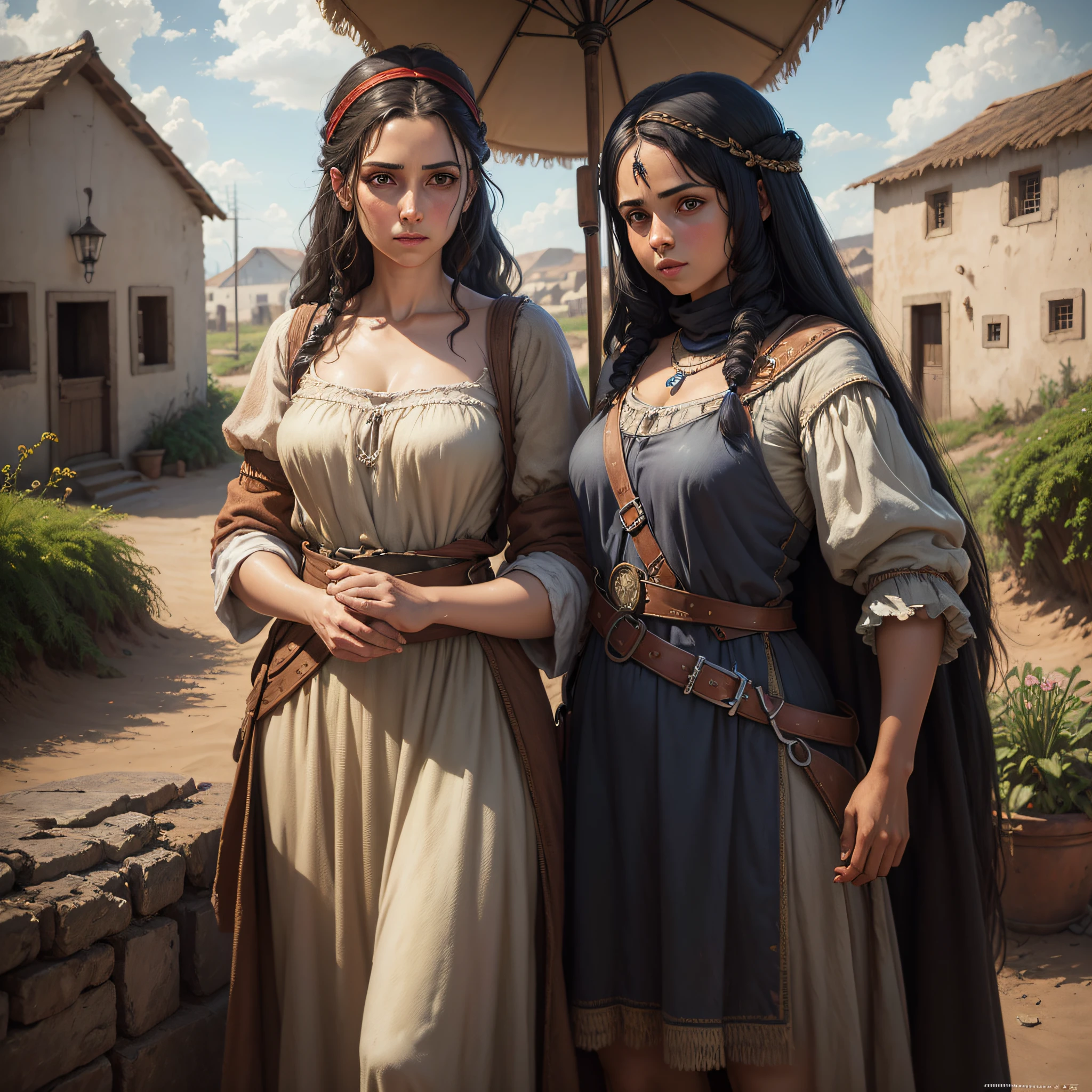 (oil painting:1.2), (detailed matte painting), grupo de pessoas em uma aldeia, pintura fosca detalhada por Kurt Wenner, (destaque na CG Society), primitivismo, Egyptian art, (Captura de tela do PlayStation 5)