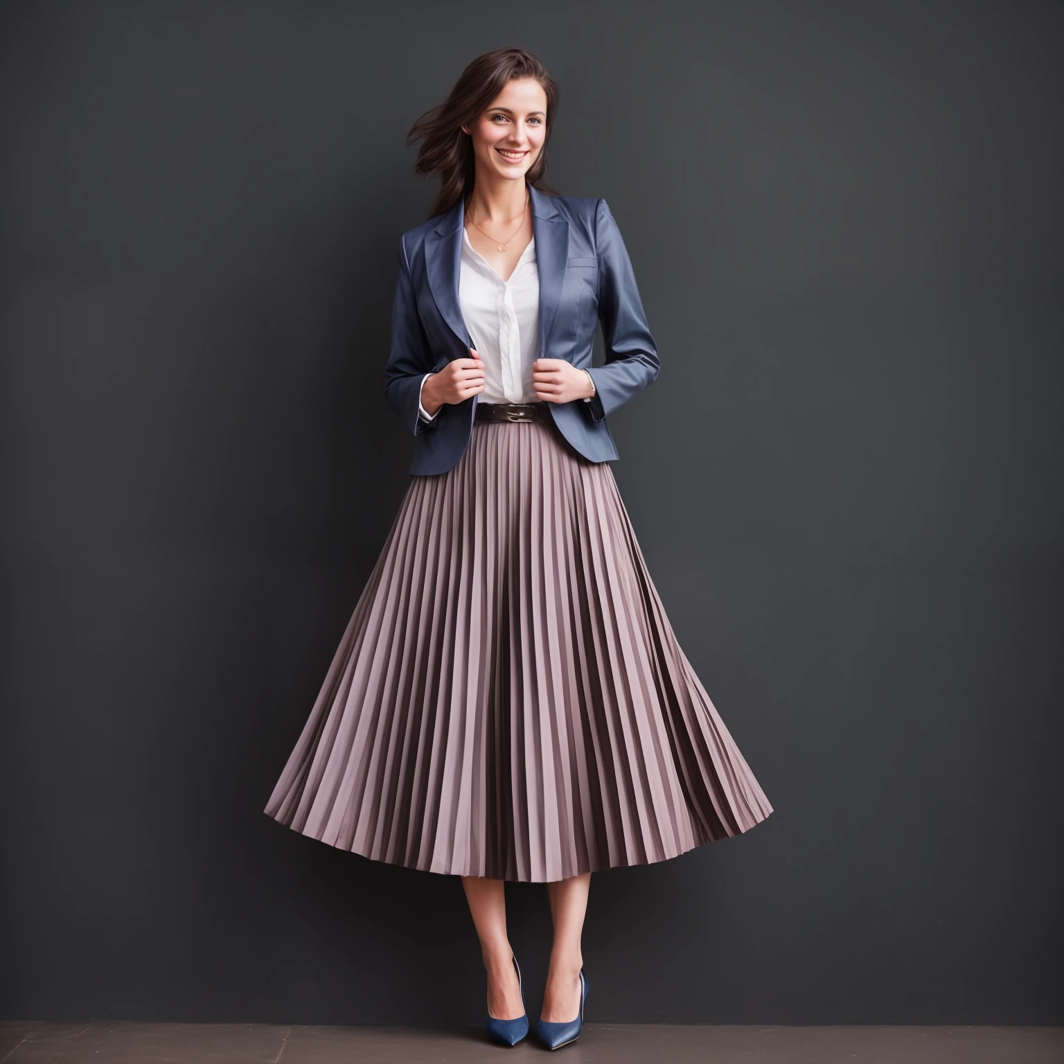 authentic (shy smiling) good woman wearing a short blazer with a very very detailed (long (fully pleated) full circle skirt) and (simple) low heeled office shoes, very very intricate hyper-detailed symmetric (attractive graceful young feminine face) with (sad, tired eyes and shy smile:1,1), large breasts, full of empathy and compassion and love, (pronounced (feminine) features), (highly detailed ultra accurate realistic) hands and fingers, (windy conditions and wind blowing), epic composition, highly detailed attributes, highly detailed atmosphere, (35mm f1.4 Kodak portra 400 photograph), extremely high quality RAW photograph, intricate, Exquisite details and textures,