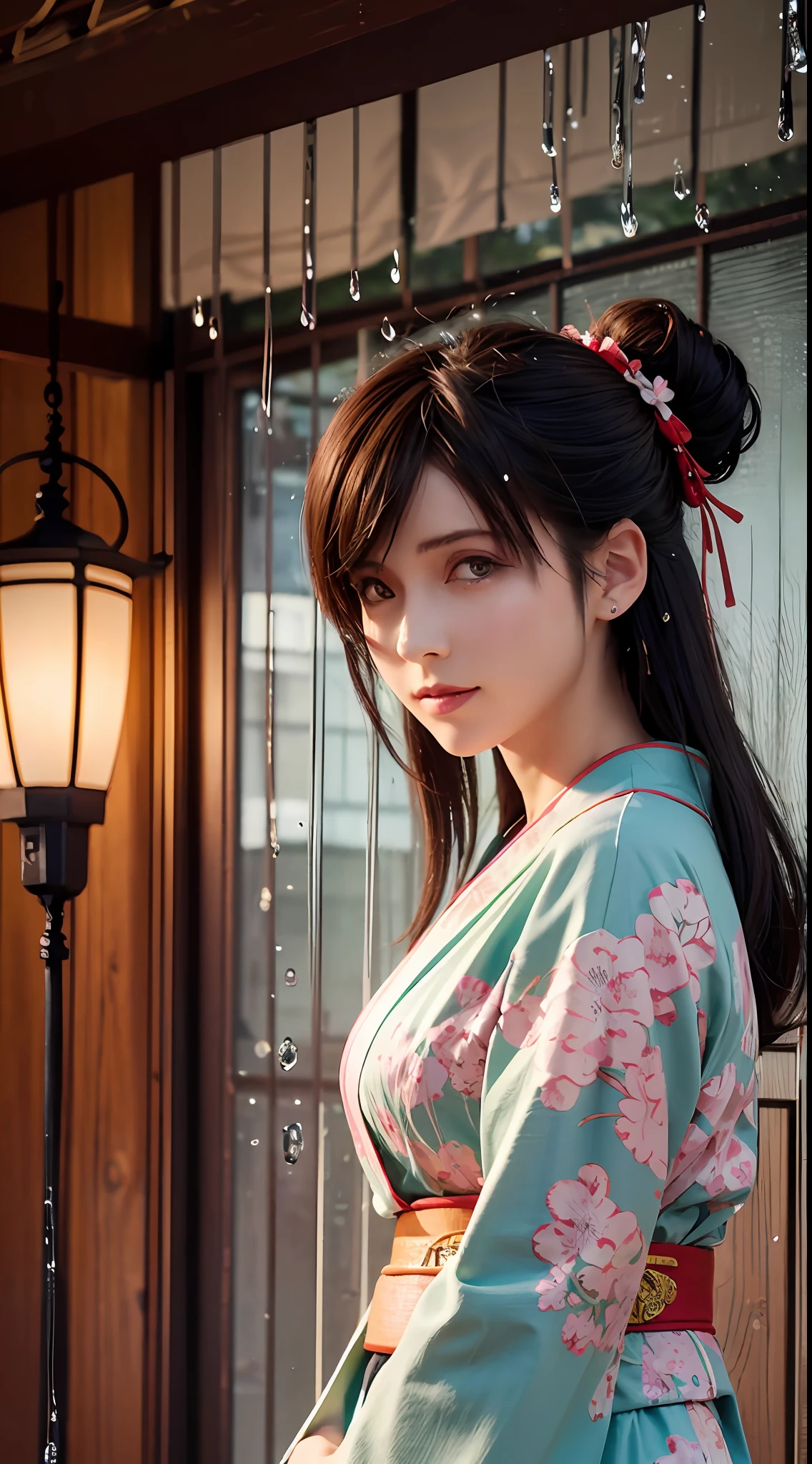 (Masterpiece, high resolution, illustration:1.3),half-body photo, Charming schoolgirl, closeup of face,(Flowing russet hair:1.2), Emerald green eyes, (Traditional samurai costume:1.1), Sakura themed kimono, , Old stone paved streets, Tokyo in cherry blossom season, (Petals flutter in the rain:1.2), misterious ambience, (illuminated lanterns:1.1), Comfortable storefront, Traditional wooden house, (Tranquil water reflection:1.2), pensive expression, tranquil ambiance, Gentle raindrops, Diagonal composition, Top-down perspective, Fantastic color scheme, Poetic storytelling.