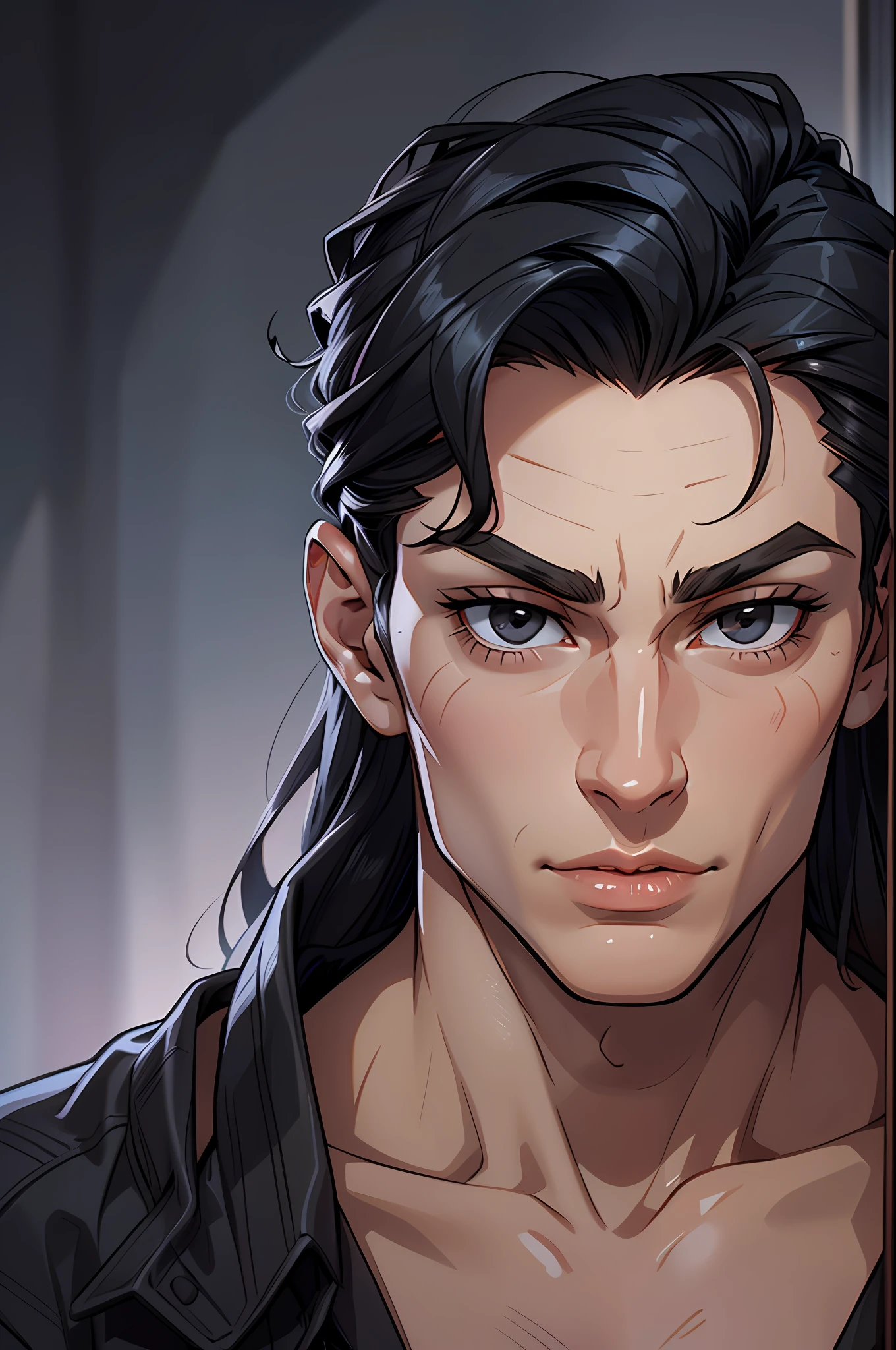 Tall, darkly seductive, lustful and sexy man ,he has a vibrant, youthful appearance, perfect, refined facial features, has a strong, masculine bone structure, remarkably high cheekbones, a masculine jawline and chin with classic Roman nose, fine straight, black hair,which falls and curtains over his forehead, a pitch black eye colour that resembled Obsidian
