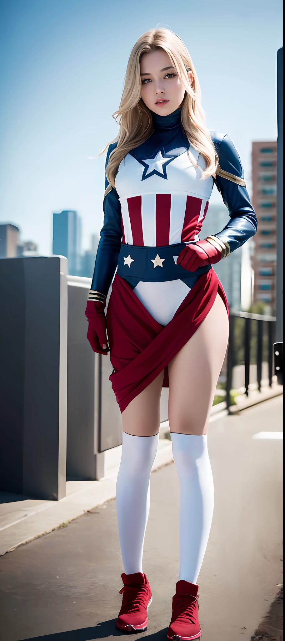 4k, realistic, carismatic, very detail, there is a girl on top city, wearing captain america costum, she is a captain america, white super hero theme, white long hair, 25 years old, full body