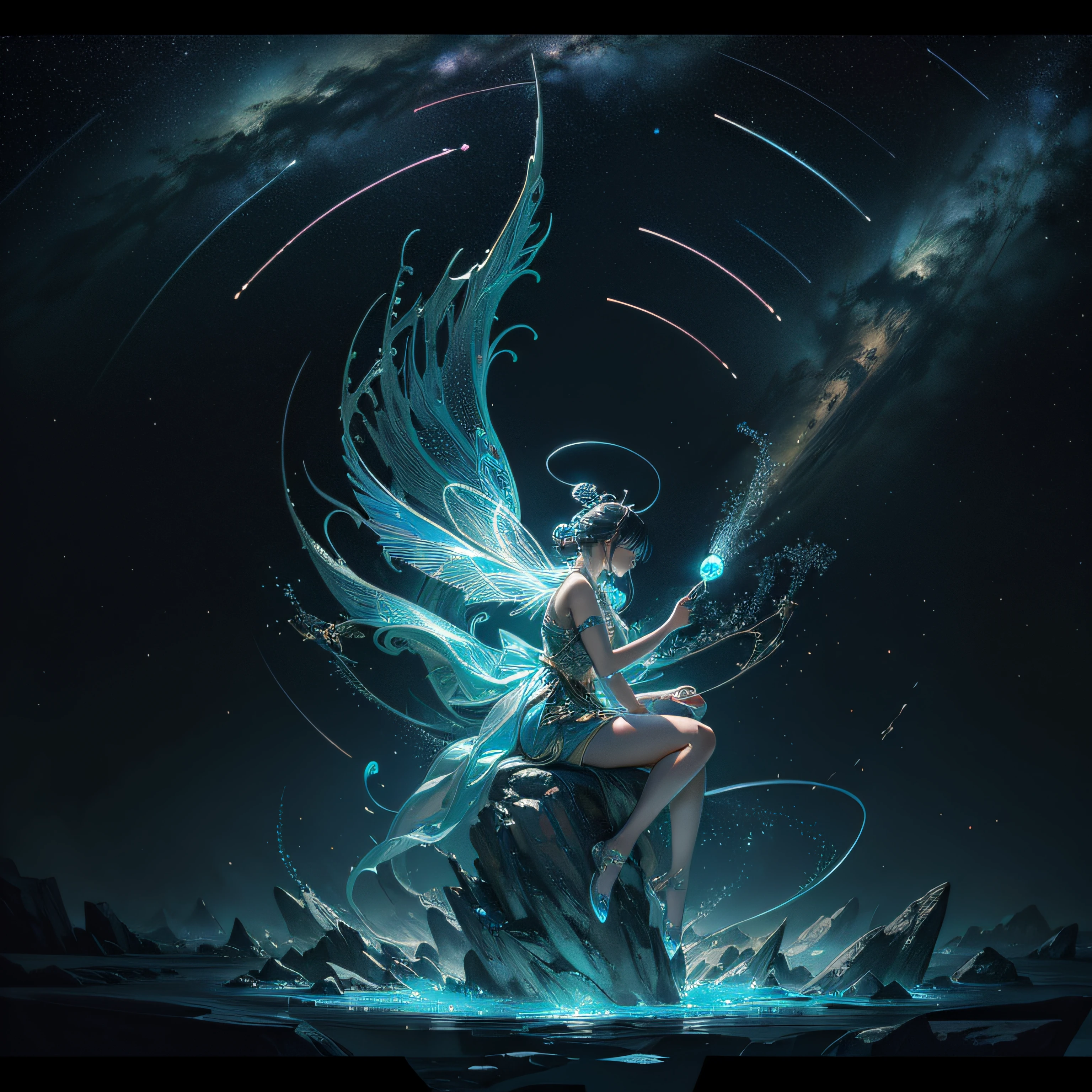 (超高分辨率), (8K), (extremely higly detailed), (best wallpaper), (best qualtiy), (ultra - detailed), (tmasterpiece),Zodiac sign Aquarius,faeries,A bottle,Light painting line art glowing edge line minimalist holographic lighting