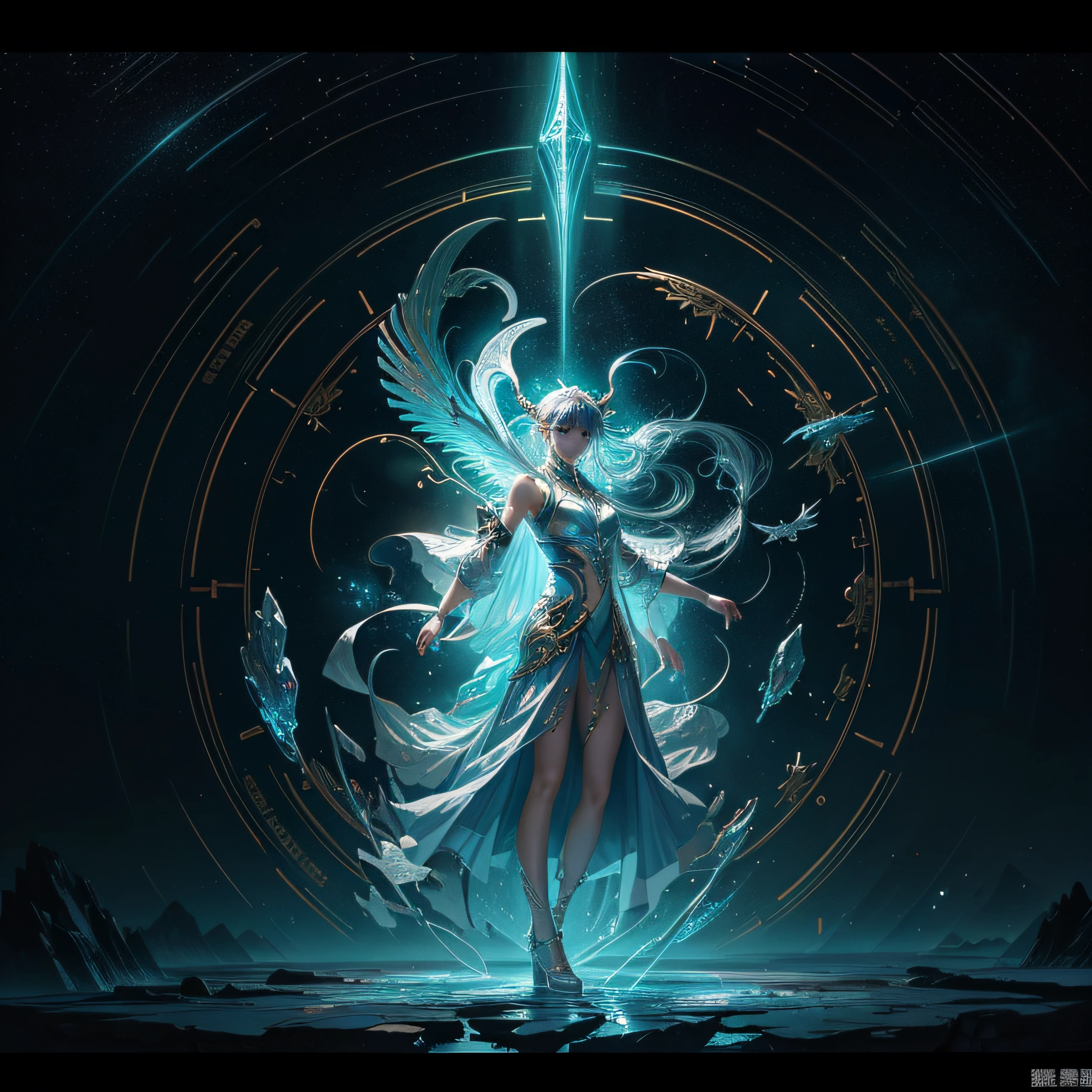 (超高分辨率), (8K), (extremely higly detailed), (best wallpaper), (best qualtiy), (ultra - detailed), (tmasterpiece),Zodiac sign Aquarius,faeries,A bottle,Light painting line art glowing edge line minimalist holographic lighting