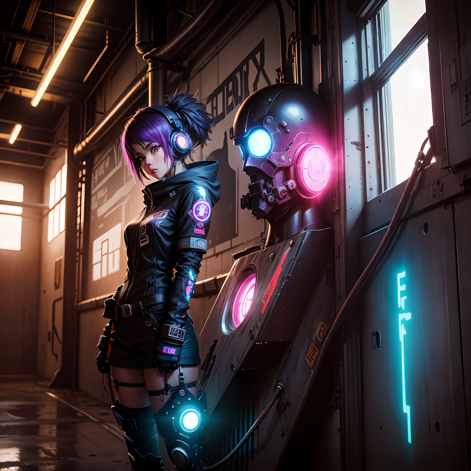 cyber punk Girl,locomotive,Old factory,Spray paint on interior walls,Colored light effects --auto
