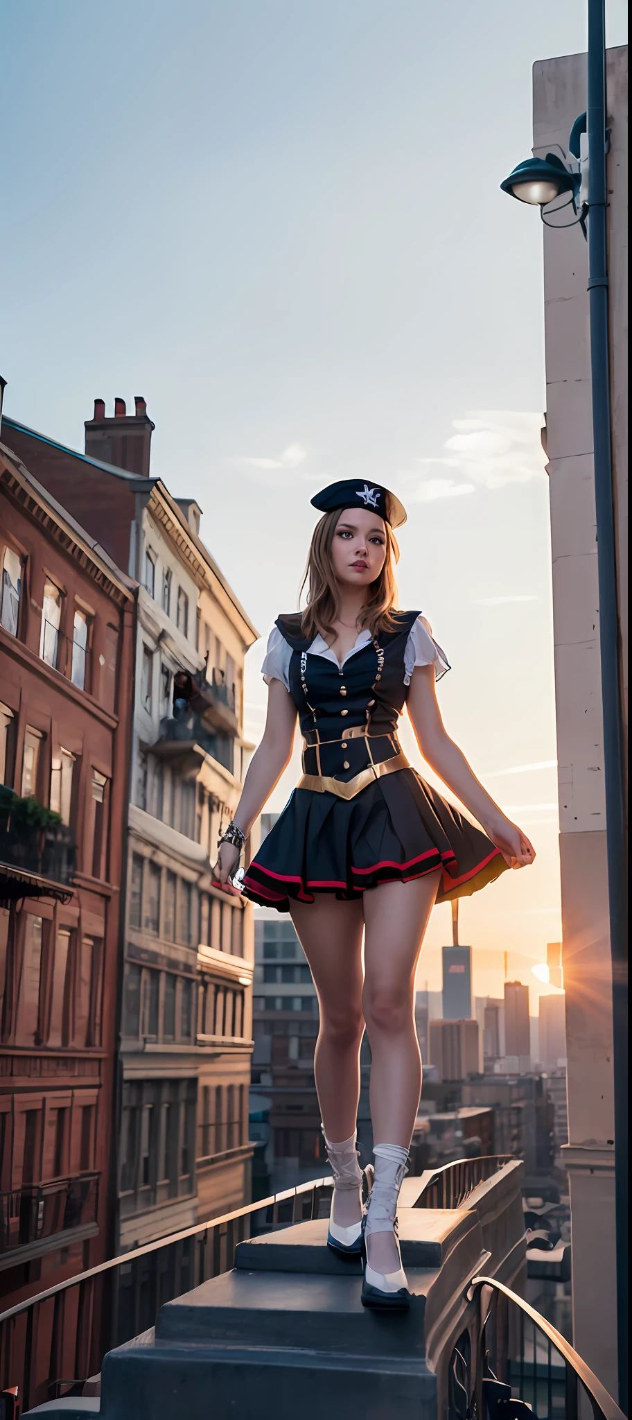 4k, realistic, carismatic, very detail, there is a girl on top city, wearing Pirate costum, she is a Pirate, white super hero theme, white long hair, 25 years old, full body