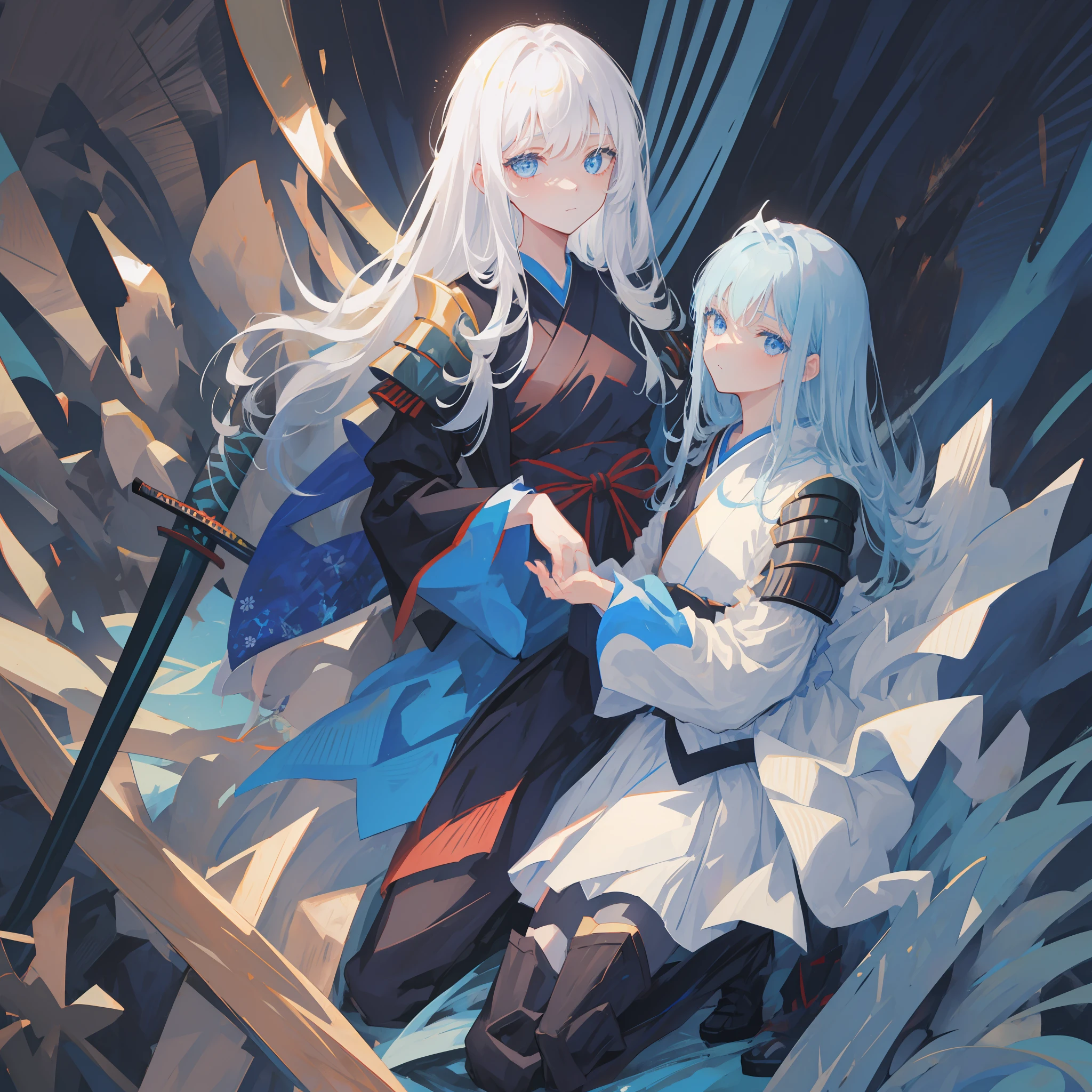1girll,Long azure hair,Dark blue eyes,Calm expression,orthofacial,katana swords,Samurai armor,Kneel to me,tilts your head