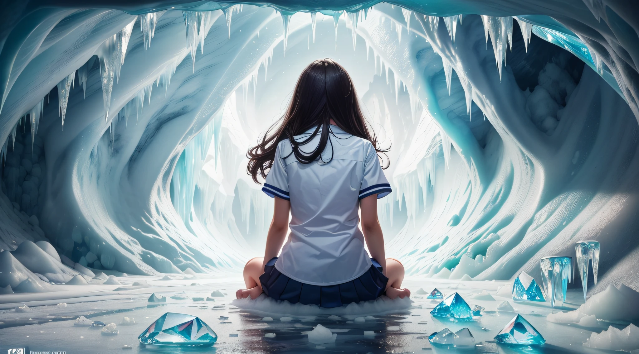 (masterpiece), (best quality), (ultra-detailed), (Amazing:1.1), 12mm f2.8 lens, midnight view, ((((full body), back shot, sitting))), ((((A high school girl with a full body back shot in the beautiful ice cave)))), (((((without looking at me))))), ((A beautiful high school girl lost in a surreal world of dreamlike landscapes)), (17 yr old), (((beautiful ice cave))), A high school girl who goes on a road without a road, wind flow, flowers bloom, (((wearing simple school uniform))), black hair, 8 life size, detailed hairstyles, detailed bodyline, (((fantasy))), frontier, surrealism, (magnificent space), concept art, raw, wallpaper, poster, sharp focus, hyperrealism, crystalline, perfectionism, 4k UHD,