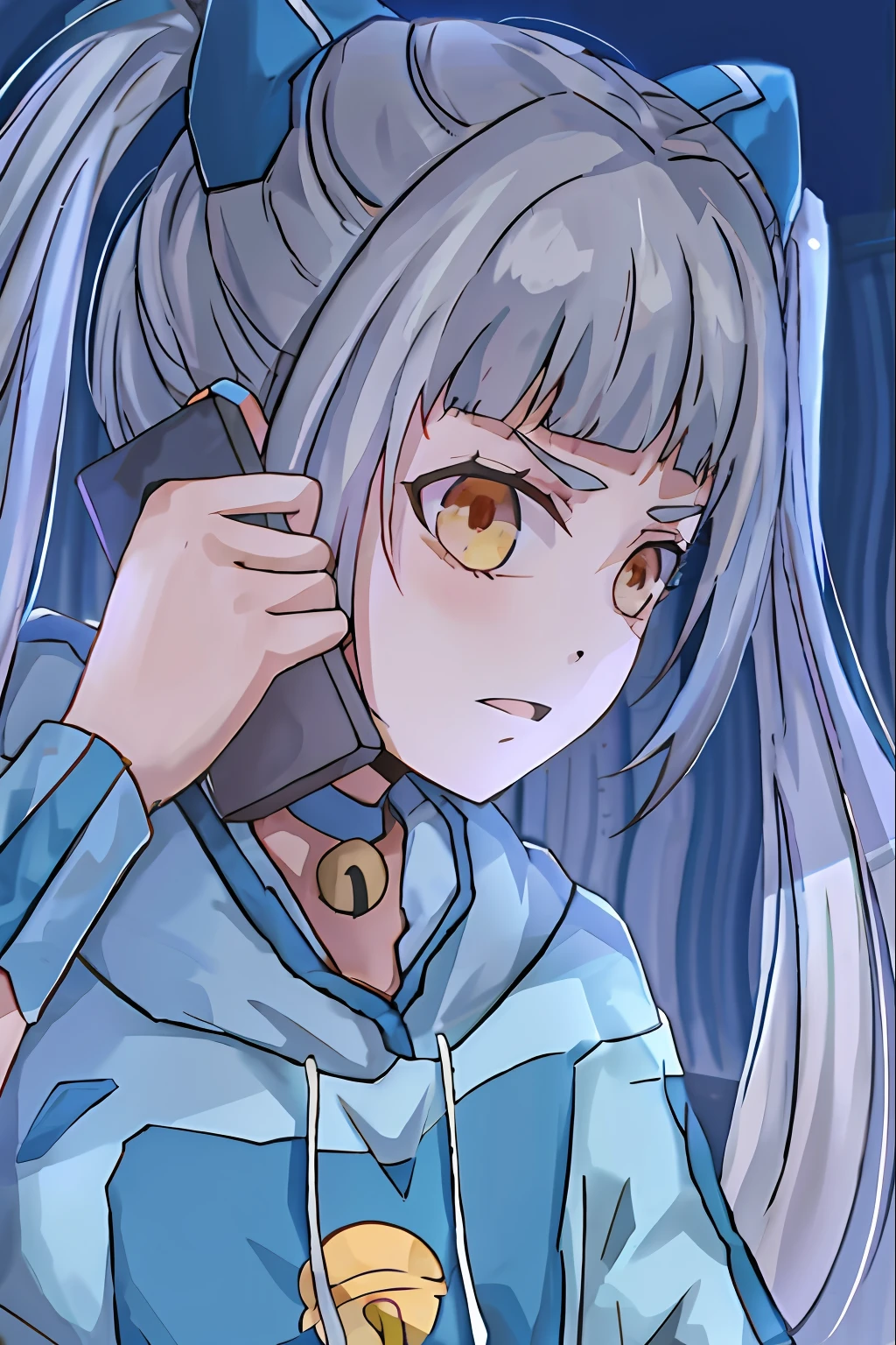 Anime girl talking on phone with long hair and blue hoodie, anime moe art style, shikamimi, cel shaded anime, gapmoe yandere, made with anime painter studio, drawn in anime painter studio, Silver hair (pony tails), in an anime style, hyuga hyuga, Marin Kitagawa fanart, Digital anime illustration, High Quality Anime Art Style