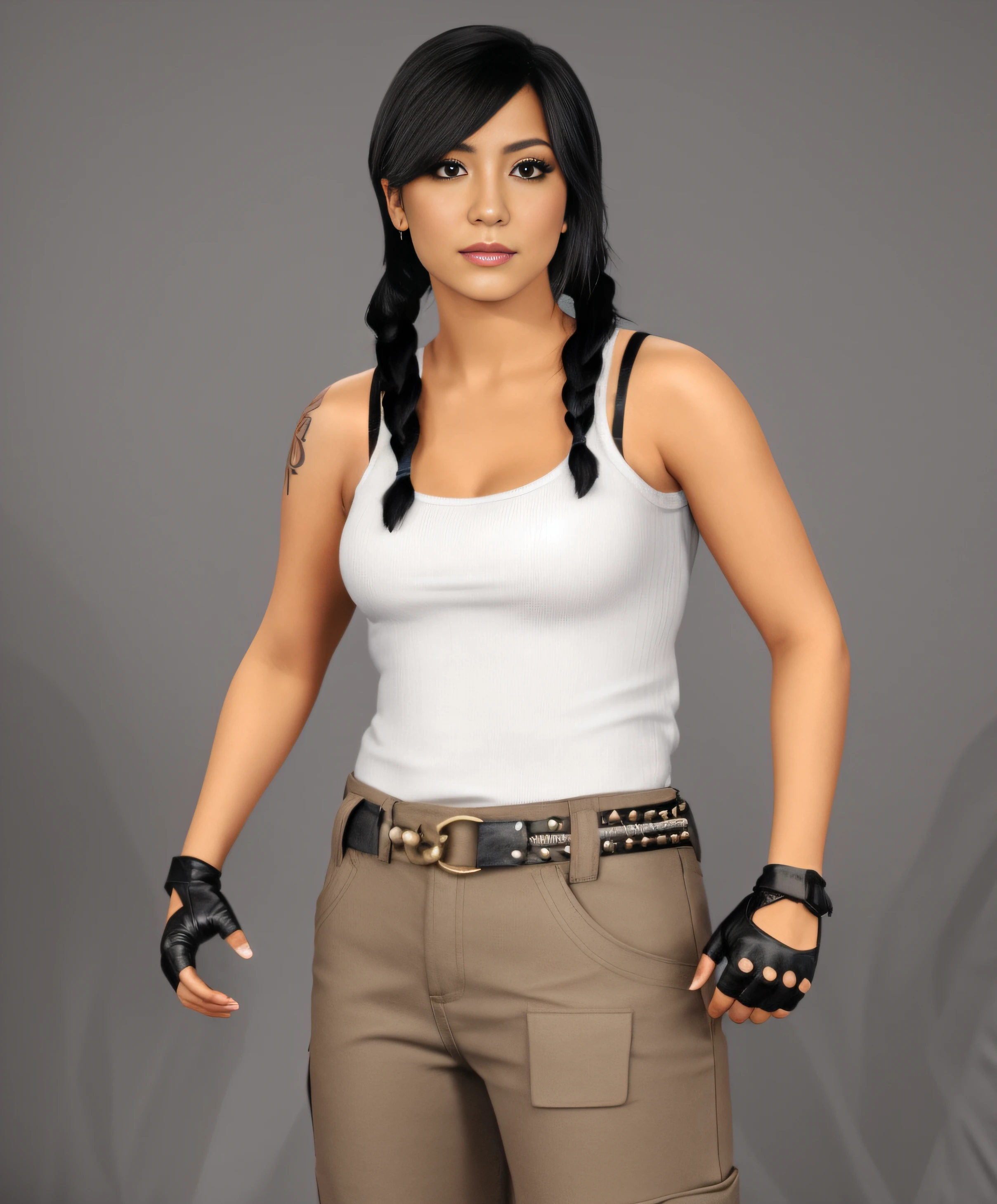 ((masterpiece, best quality)), Curvy Hispanic female wrestler with braided pigtails, in white tank-top, exposed black bra, brown cargo pants with a leather studded belt, black leather gloves, tattoo on right shoulder, photo realistic, intricate details
